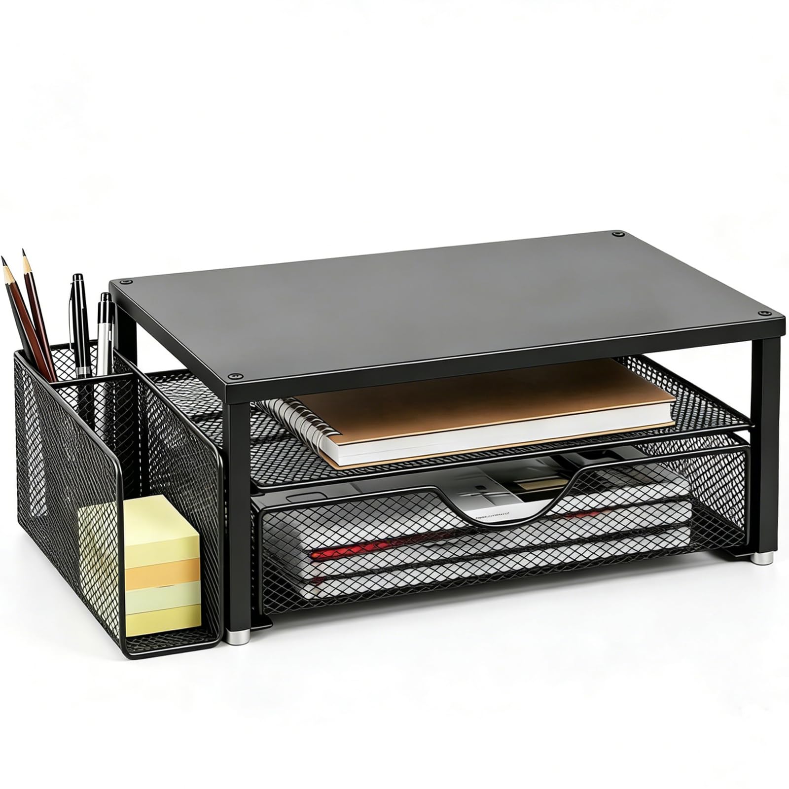 Spacrea Monitor Stand with Drawer and Pen Holder | Monitor Riser Desk Organization Desk Organizer and Accessories (Black) Black - Metal Drawer