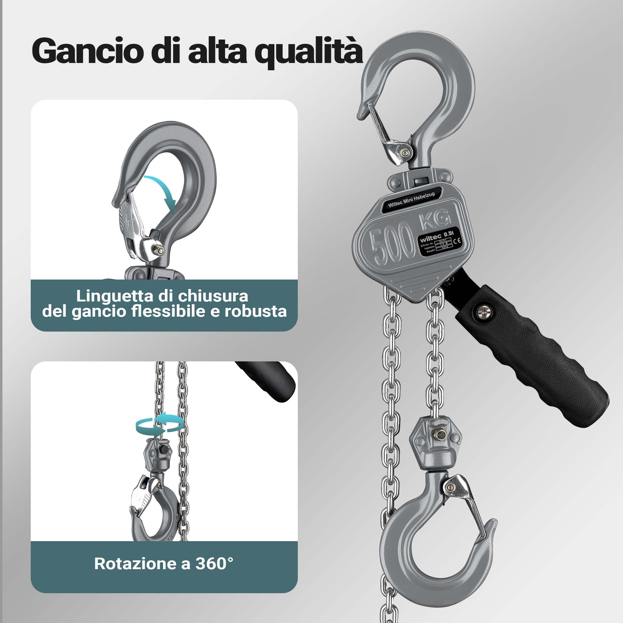 Wiltec Mini paranco a catena manuale VM0.5 fino a 500 kg, altezza di sollevamento di 1,5 m, in alluminio, per il sollevamento di carichi pesanti