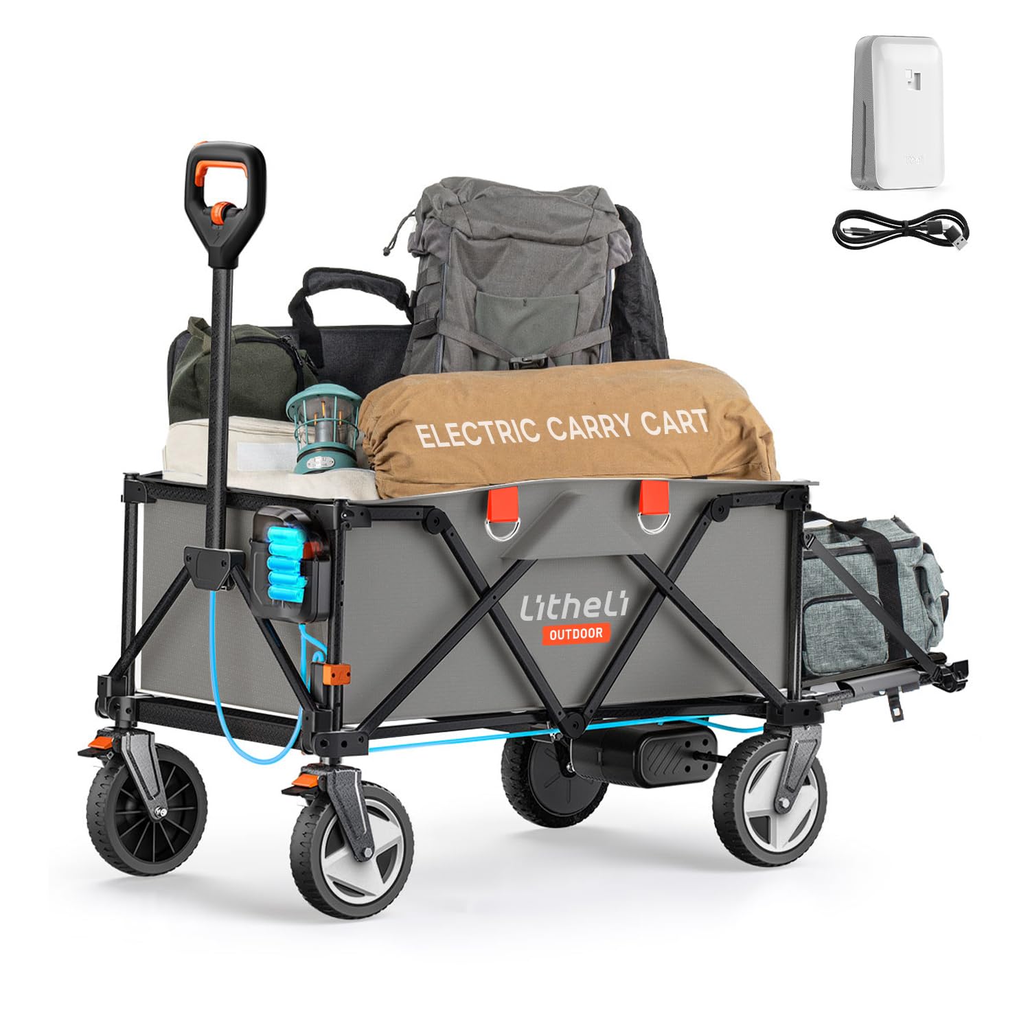 Litheli Electric Trolley, Folding Handcart, with Brakes, 200 L, 60 kg Load Capacity, Folding Handcart Suitable for Camping, Garden, Beach, Shopping (Grey, 1 Battery)
