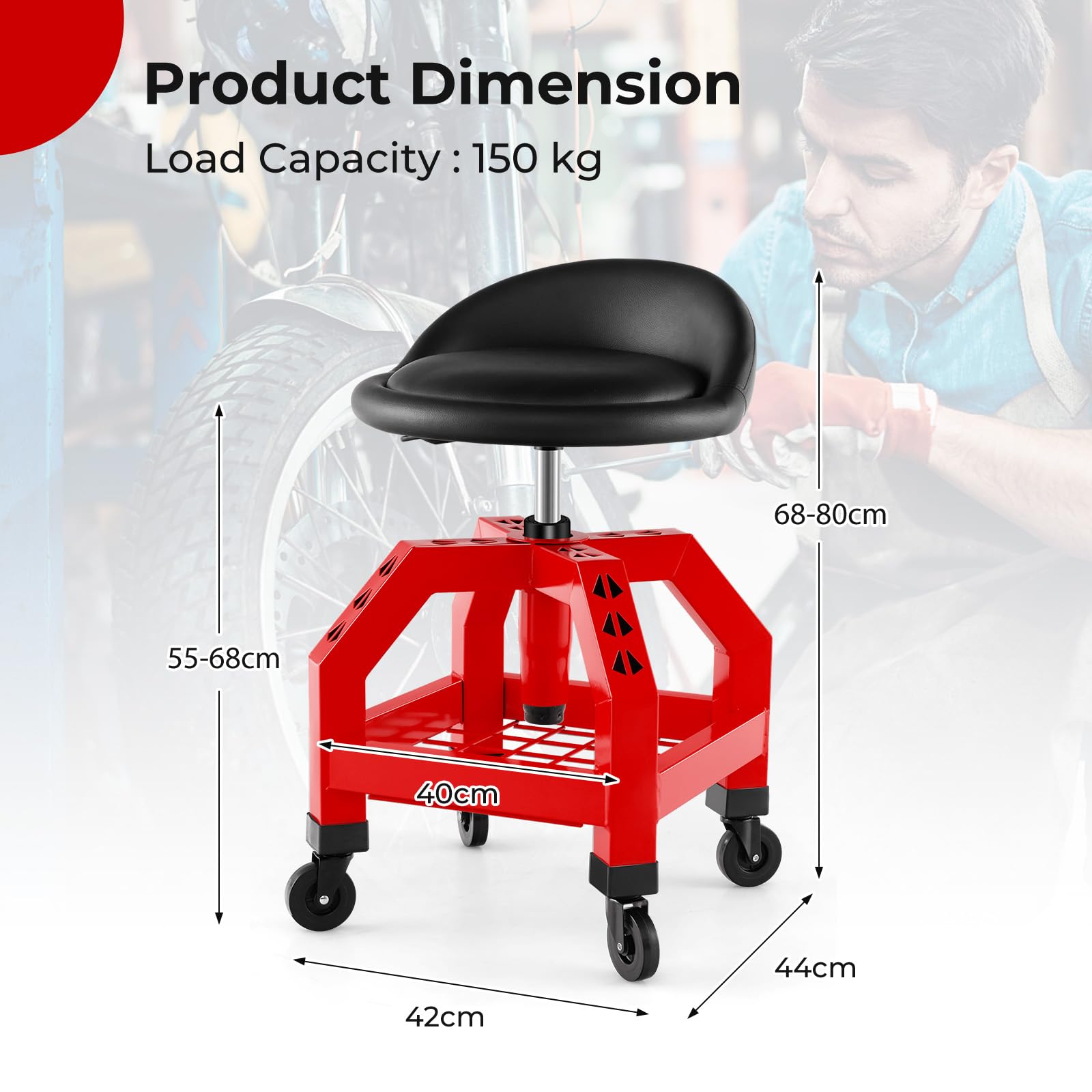 ATRT 300-LB Capacity Pneumatic Mechanic Roller Seat - Adjustable Stool With Tool Tray & 2.5" Casters, Orange