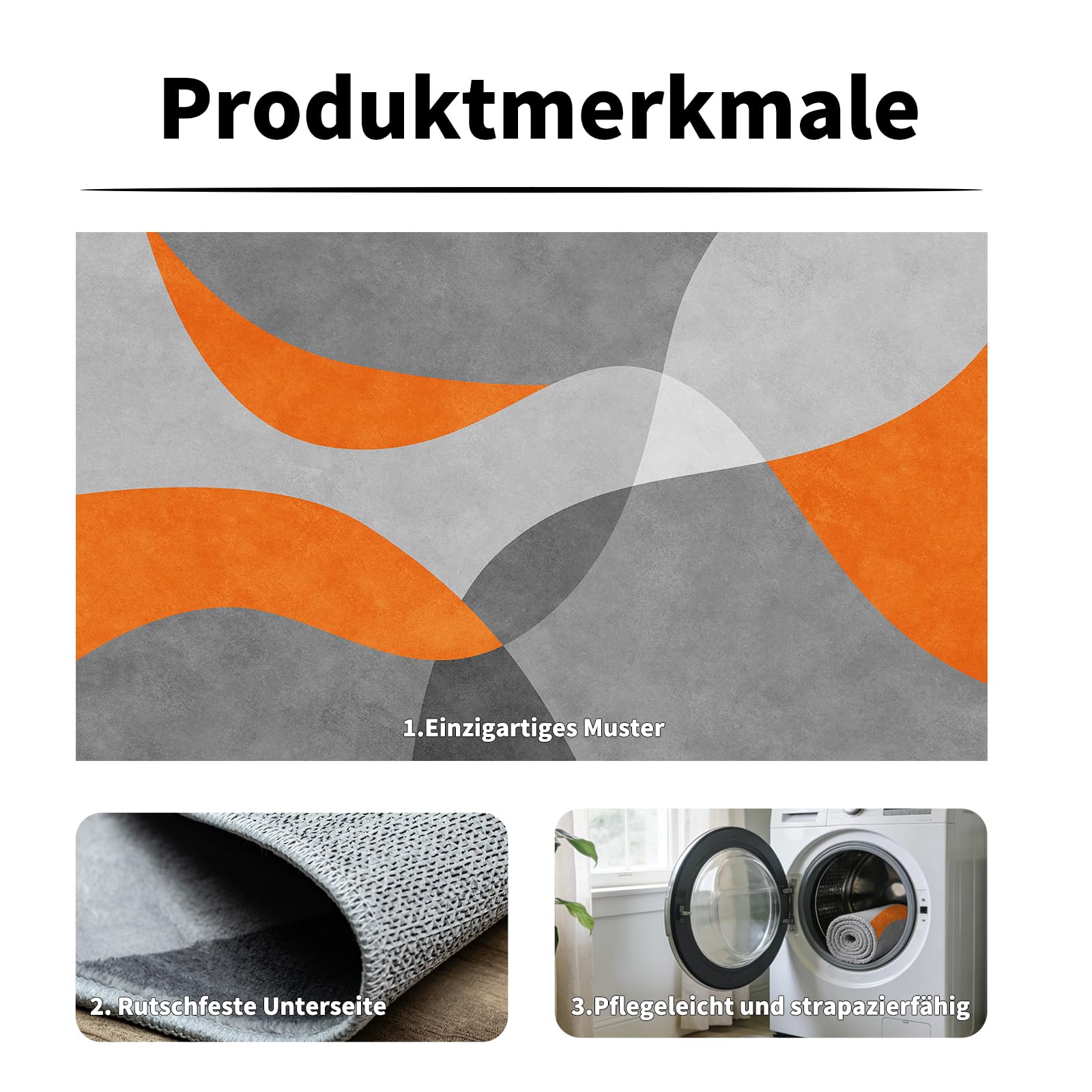 Tappeto Soggiorno Moderno Astratto 140 x 200 cm - Tappeto Lavabile e Pieghevole, Antiscivolo e Morbido, Tappeto Pelo Corto Geometrico Grigio e Arancione per Salotto, Camera da Letto e Ufficio