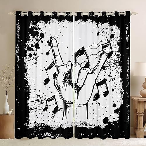 Cortinas de música rock, cortinas y cortinas con temática musical, cortinas opacas con impresión de notas musicales, cortinas opacas en blanco y
