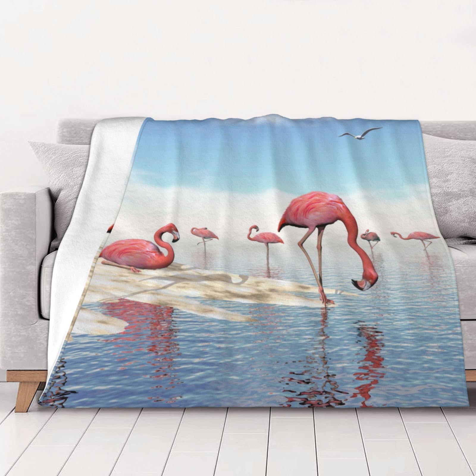 AUBKFELD Flock of Pink Flamingos on The Beach Printed Flannel Blanket 150x125 CM, Soft & Warm Throw Blanket for Sofa/Couch/Bed/Car, Gifts for Audlts Women Men
