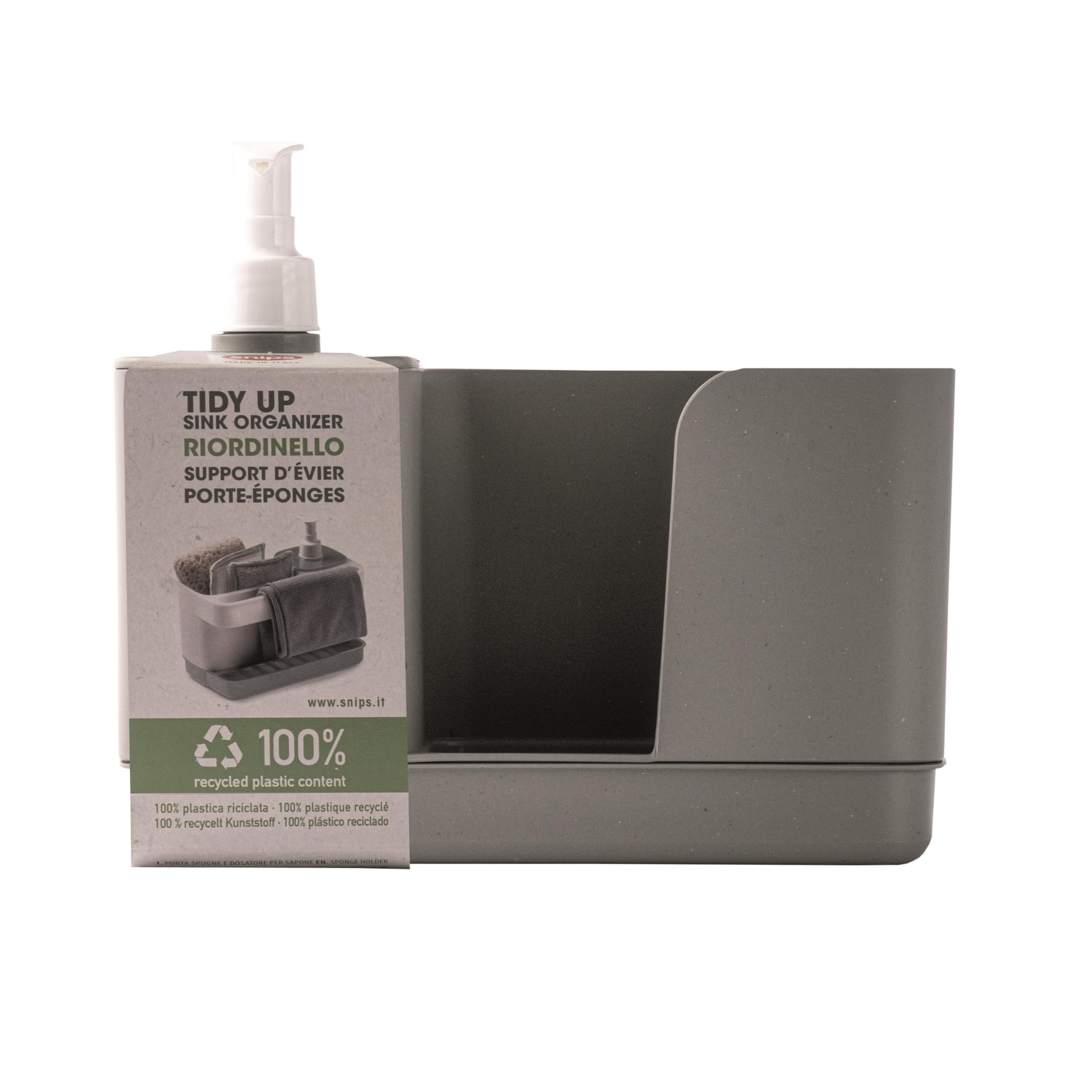 Snips Riordinello szary, uchwyt na gąbkę z dozownikiem, organizer na zlew szary, pojemnik na naczynia 12L x 18W x 21H cm, wyprodukowany we Włoszech, 0% BPA i bez ftalanów