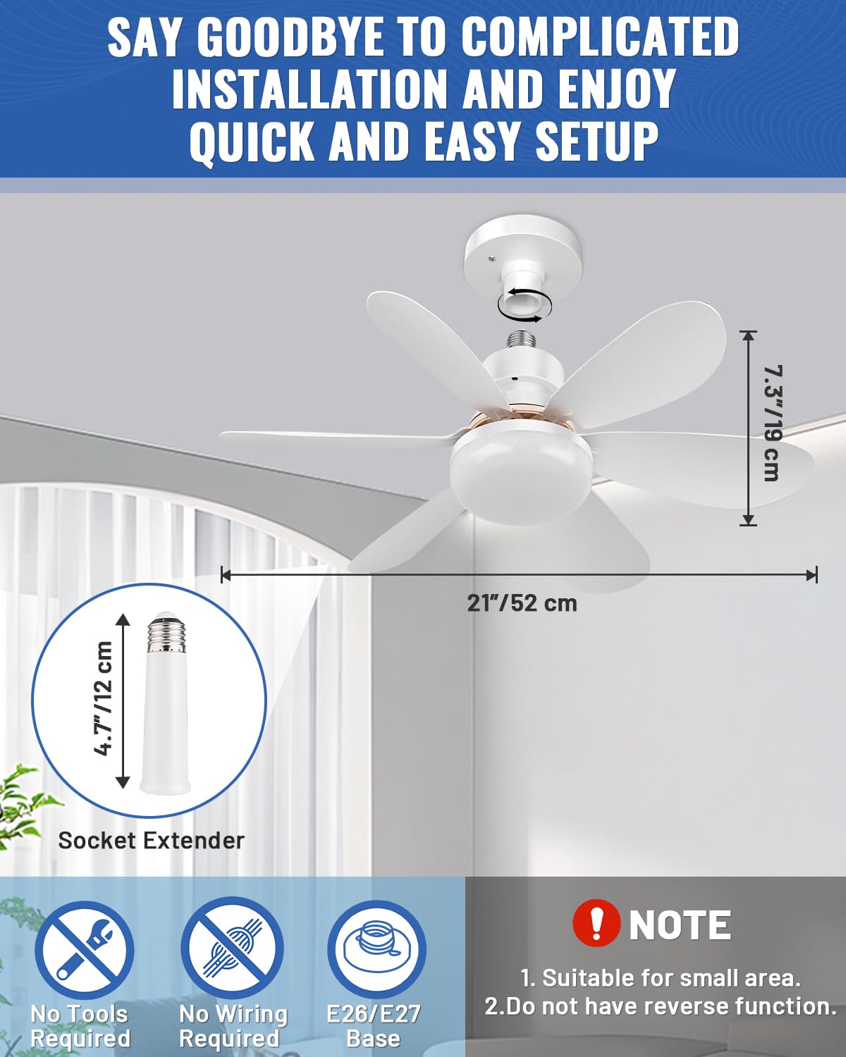 FANSEXPERT Socket Ceiling Fans with Lights and Remote, Dimmable LED Socket Fan Light, 3 Colors 3000K-6500K, 1700 Lumen - Image 3