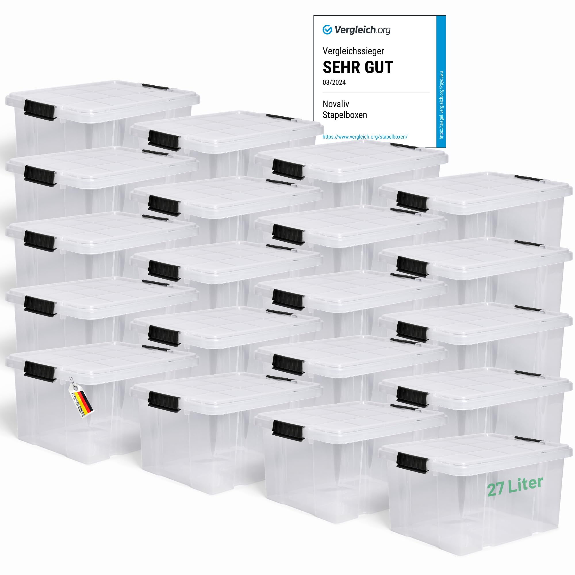 Novaliv 20 cajas de almacenamiento con tapa, 27 L, transparentes, apilables, con cierre de clip, caja de plástico, sin BPA, 46,5 x 36,5 x 24 cm