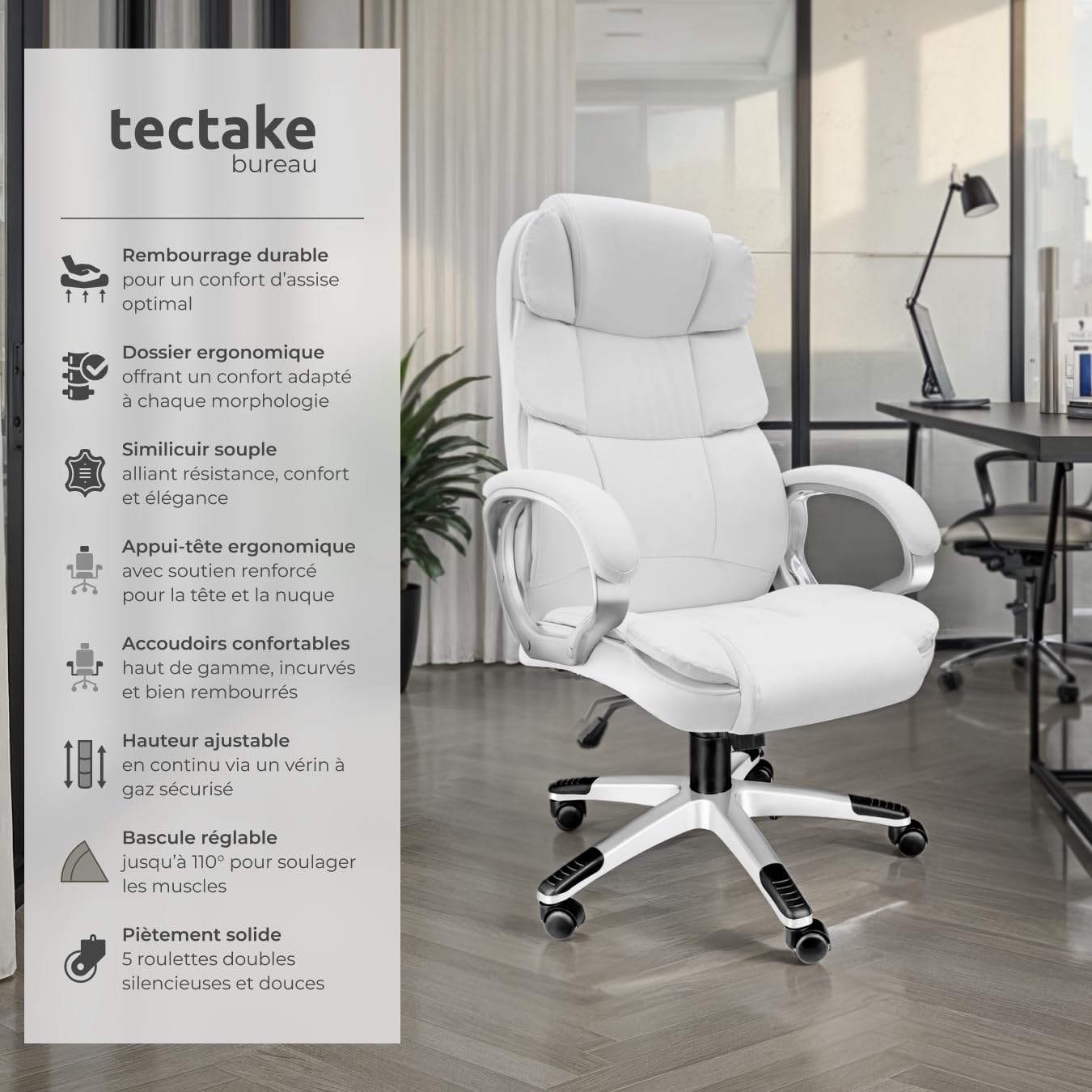 tectake® Chaise de Bureau Chaise Gaming Fauteuil de Bureau Fauteuil pivotant Design, Siege Ergonomique avec Accoudoirs, Appui-tête rembourré, Roulette Teletravail - Blanc