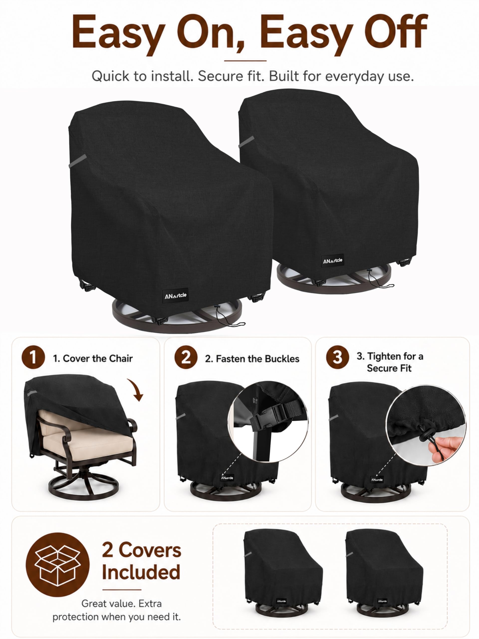 ANartcle Lot de 2 housses de chaise pivotantes imperméables et résistantes pour meubles d'extérieur (76,2 x 86,4 x 97,5 cm) - Noir.