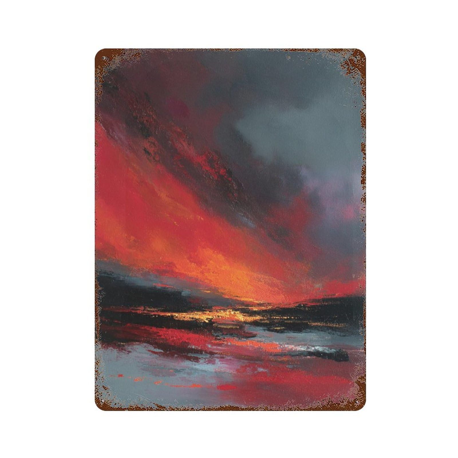 Abstract Sunset Landscape Painting 15.7"x11.8" Distressed Metal Wall Sign, Retro Wall Decor for Garage, Bar And Workshop Decor