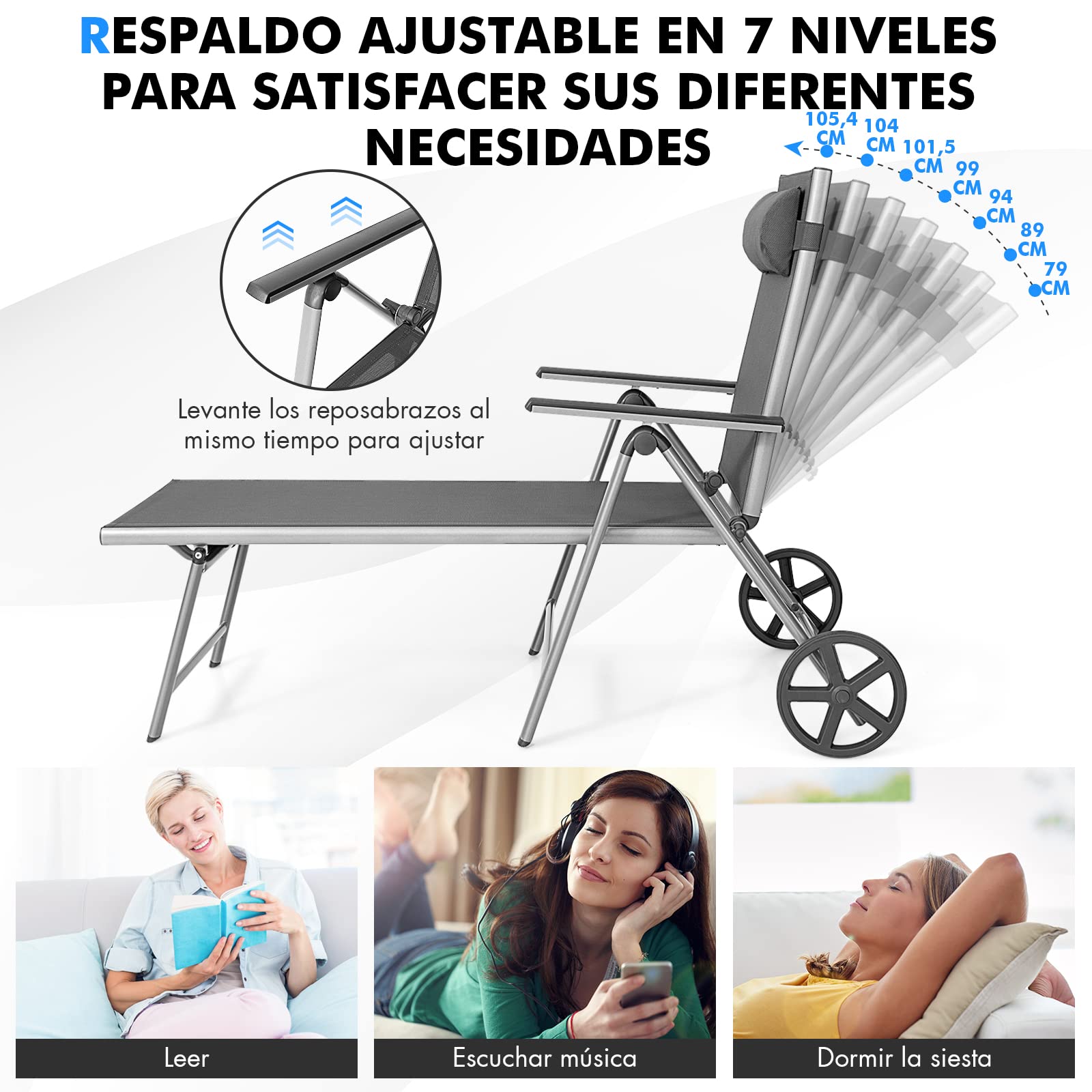 COSTWAY Tumbona Jardín Ruedas, Respaldo Ajustable 7 Posiciones (1)