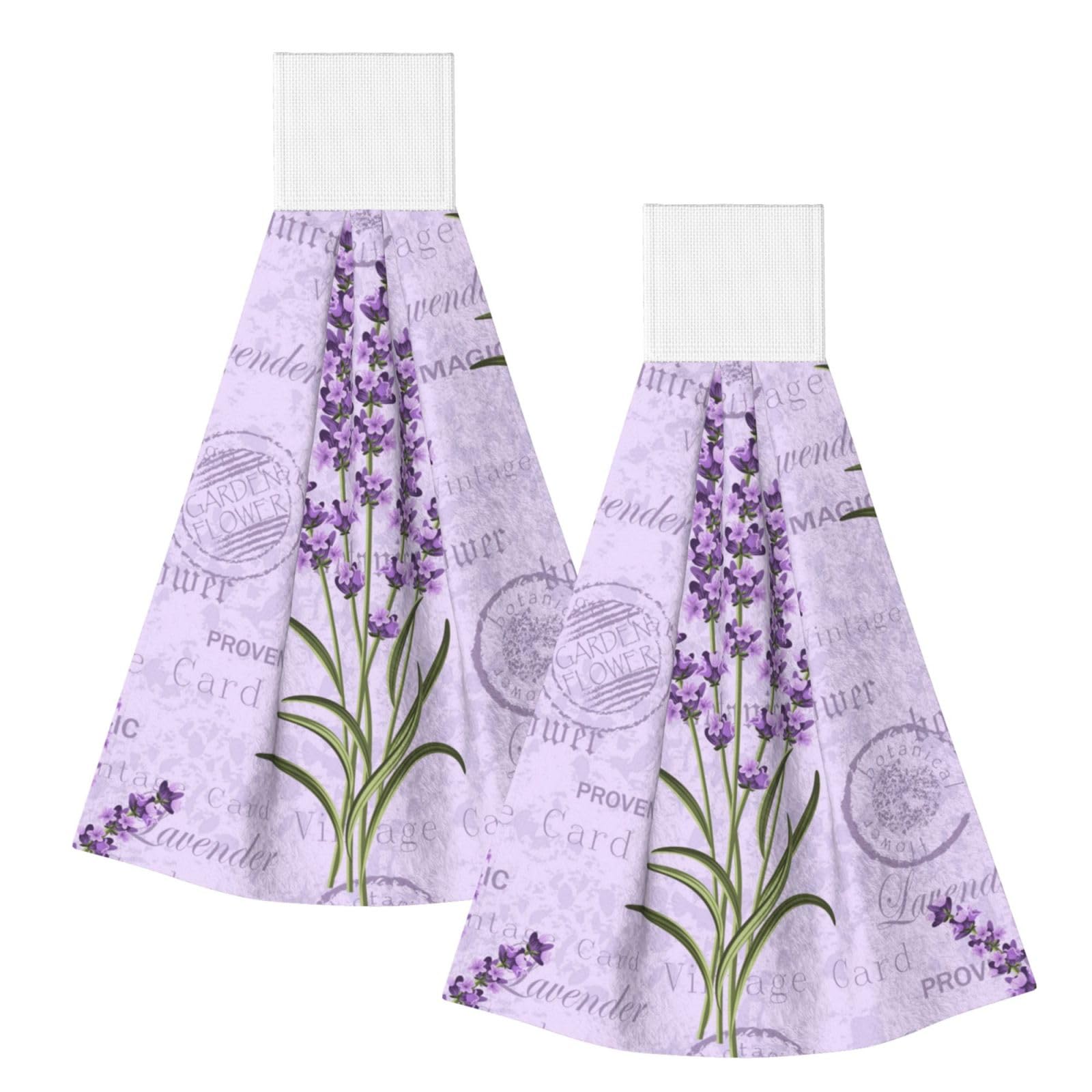 DOPKLNA Lavender Stamp, 2 Pcs Hanging Coral Fiber Hand Towels for Bathroom, Absorbent Kitchen Towels