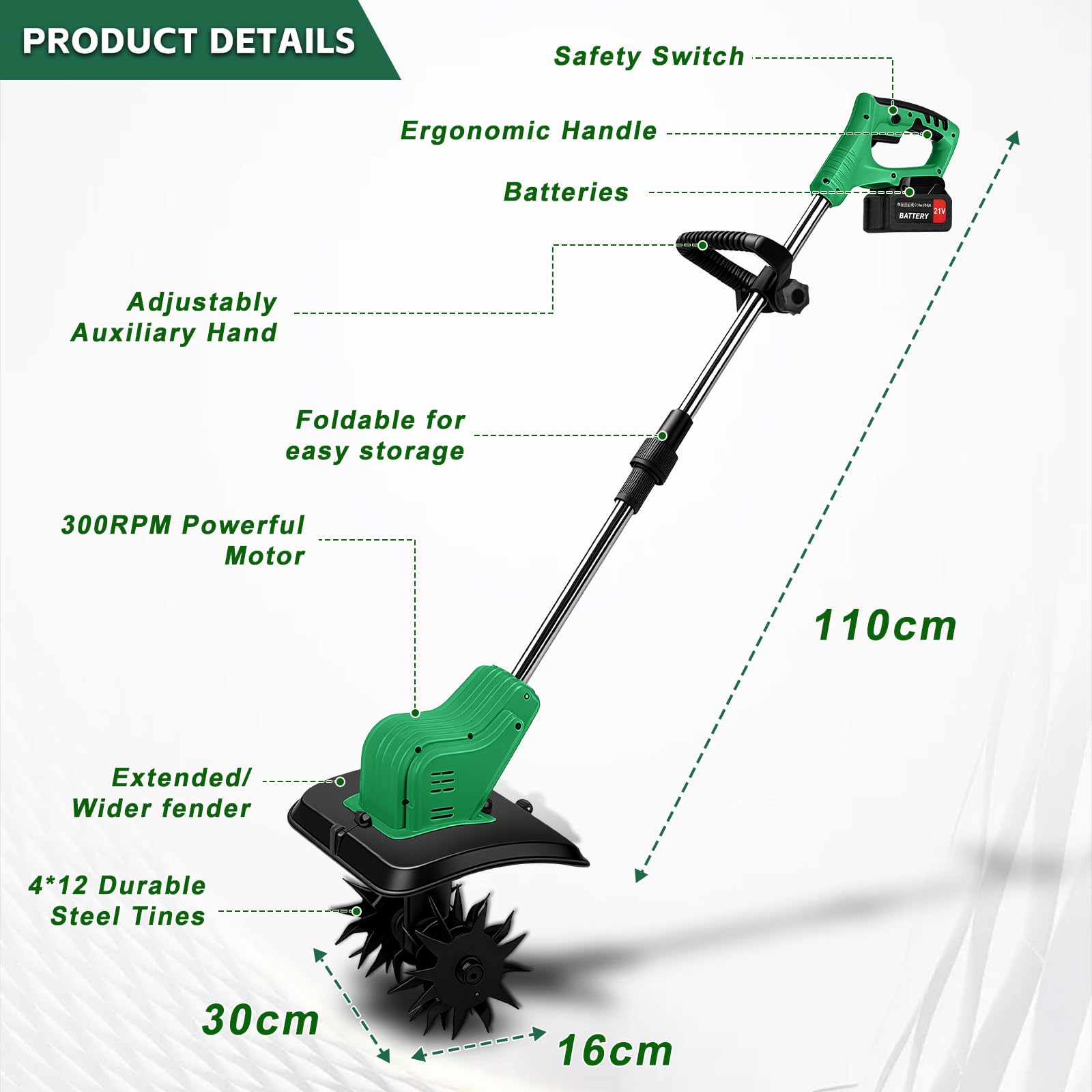 WingFly Motoazada para huerto, azada eléctrica, con 1 * 2.0Ah batería