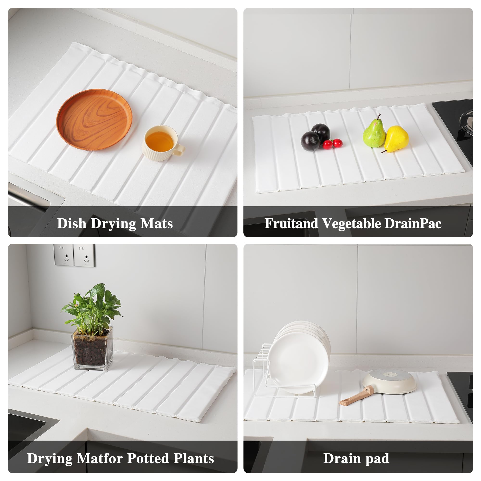 Tapis de séchage en pierre pour comptoir de cuisine, Tapis de séchage instantané egouttoir diatomite, tapis de séchage pliable et super absorbant pour Vaisselle et Tasses (Blanc B, 63*40cm)