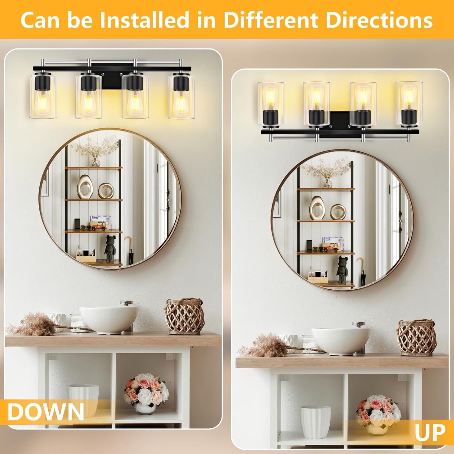 LETRY Bathroom Vanity Light for Mirror: 4-Light Modern Wall Sconce Lighting with Clear Glass Bath Vintage Wall Mounted Lamps for Bedroom,Living Room