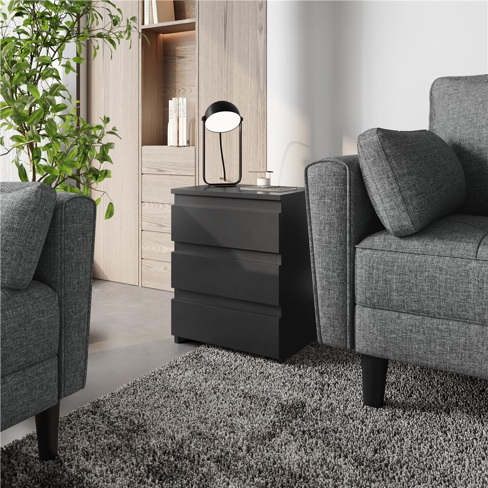 Yaheetech 2X Mesitas de Noche Negras con 3 Cajones Mesas Auxiliares | de Madera Estilo Moderno para Sala de Estar 45 x 35 x 60,5 cm Dormitorio Salón