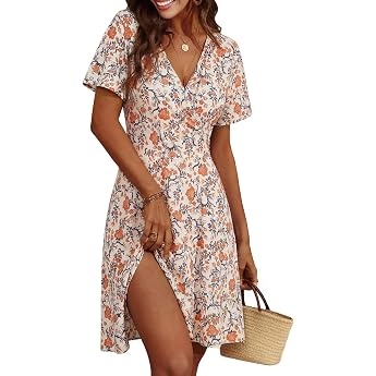 Cicy Bell Women's Summer Dress Short Sleeve Floral Pattern Dresses | Knee-length, V-neck, lightweight, wrap, elegant, midi dr
