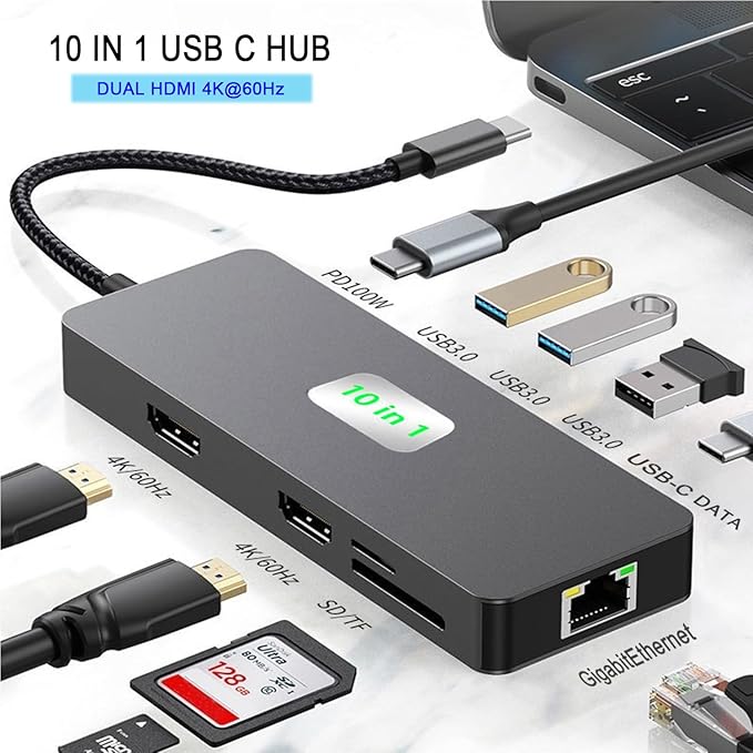 Hub USB C a Dual HDMI 4K 10 en 1, YMY YMY-DS1001 miniatura 2