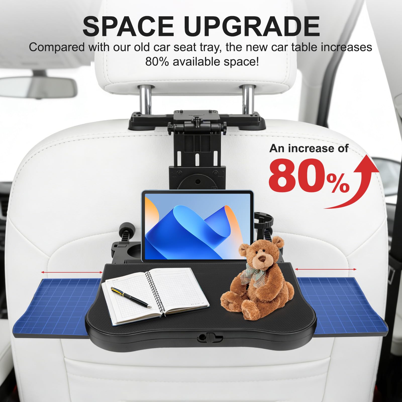 Auto Tisch für Rücksitz Beifahrer, Tragbarer Autositz Tabletttisch mit Getränkehalter und Handyhalter, Multifunktional Esstisch für Kinder Erwachsene, Faltbar, Belastbarkeit 15-20 kg