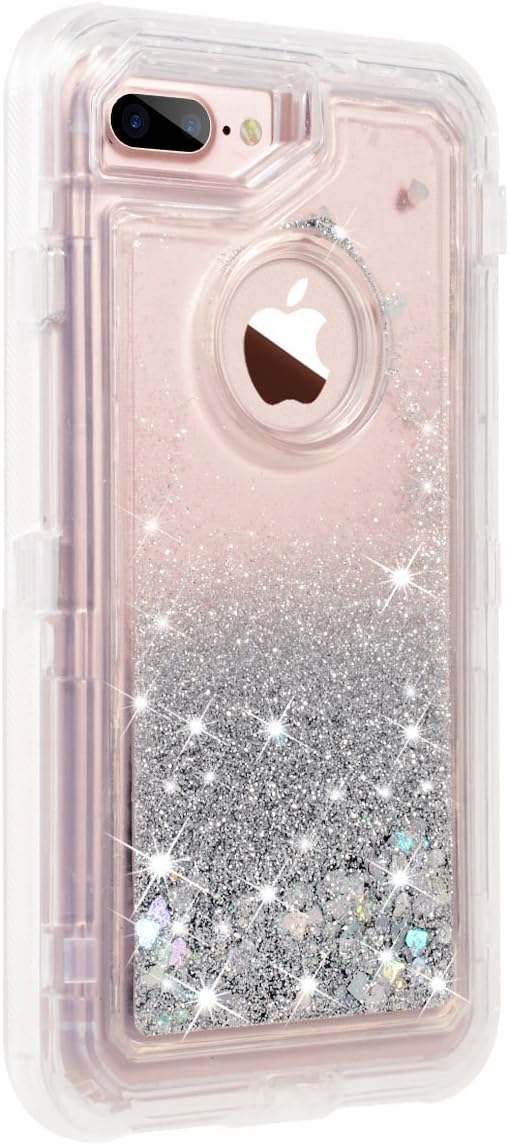 Dexnor iPhone 8 Plus Case, iPhone 7 Plus Case, Glitter 3D Bling Sparkle Flowing Liquid Case Transparent 3 in 1 Shockproof TPU Silicone + PC Cover for iPhone 8 Plus/ 7 Plus/6s Plus/6 Plus - Silver