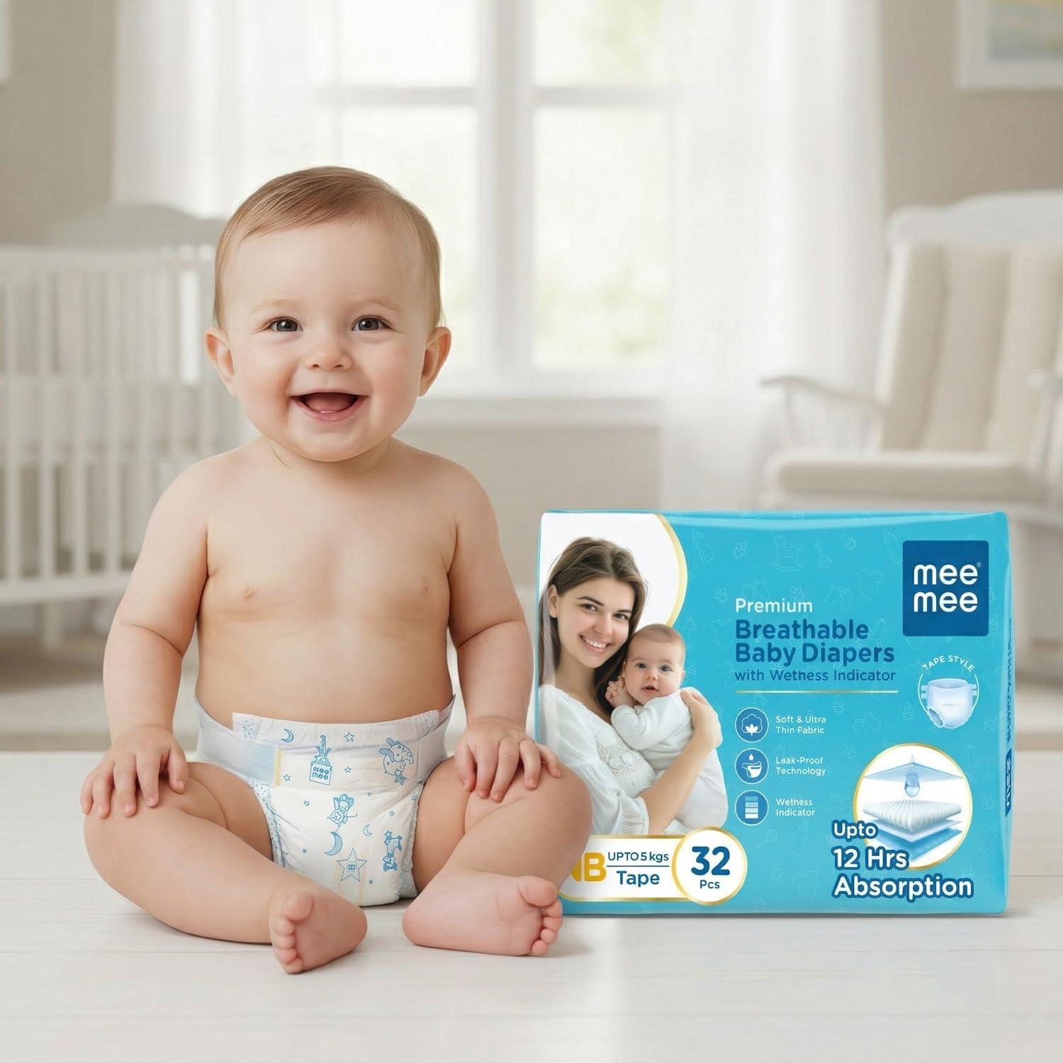 Mee Mee Premium Breathable Baby Diapers | (NB) Size Baby Taped Diapers | 32 PIECES | Skin Friendly, Super Absorbent, Cotton Soft with Wetness Indicator (Newborn, 32 PIECES)-picture-34