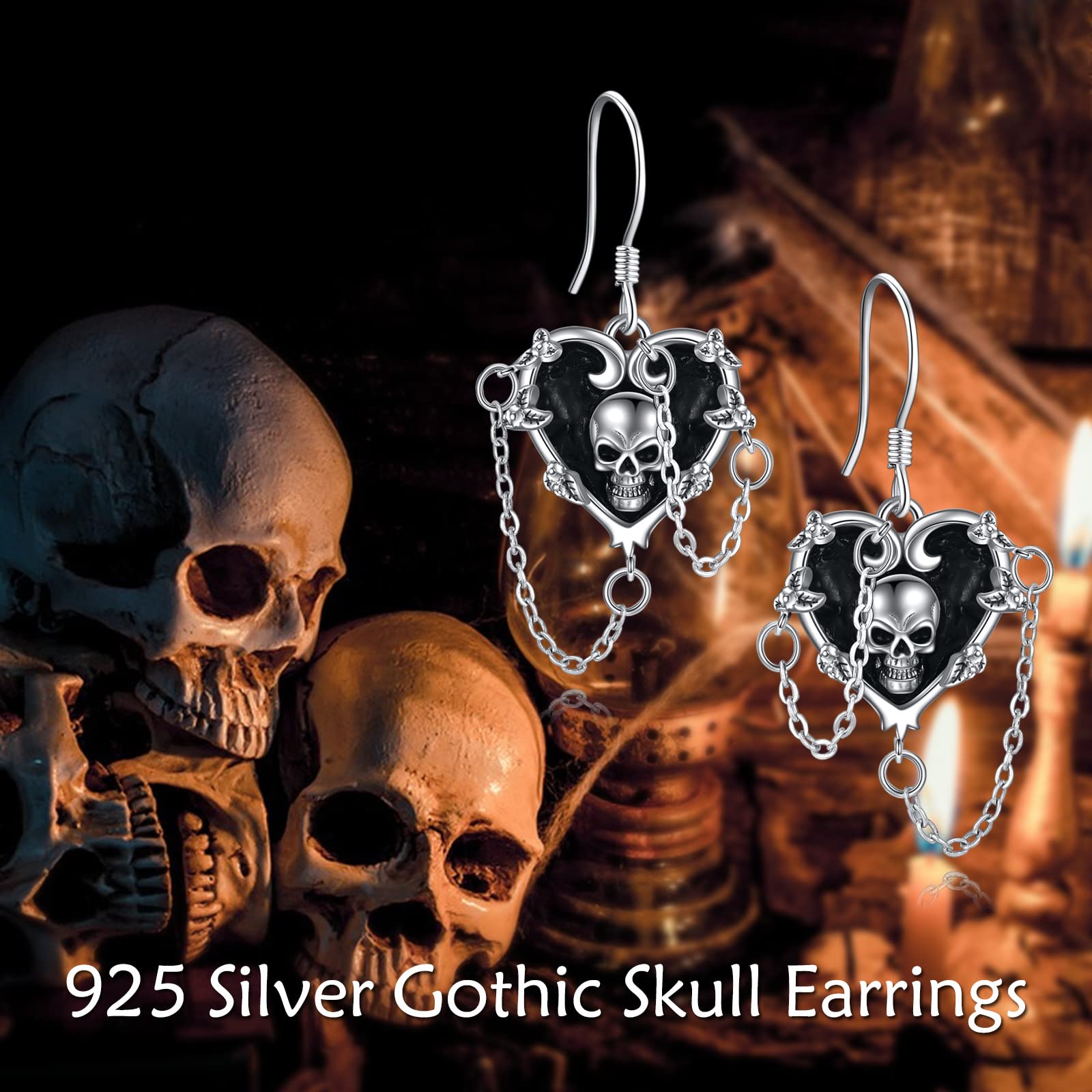 Orecchini da donna a forma di cuore, rosa gotica, stetoscopio, teschio, in argento Sterling 925, con rosa nera, Argento sterling Zirconia cubica, Zirconia cubica