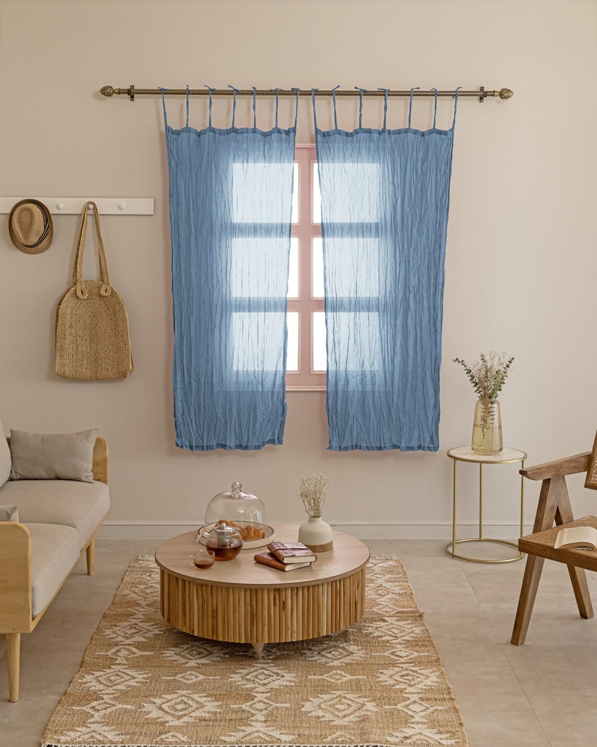 Photo 1 of TARAN LIVING Sheer Crinkle Curtain Panel Set of 2, 100% Natural Washable Cotton Window Treatment Rod Pocket Curtain Panels for Kitchen, Bedroom and Living Room - Blue, Window - 42"x63"