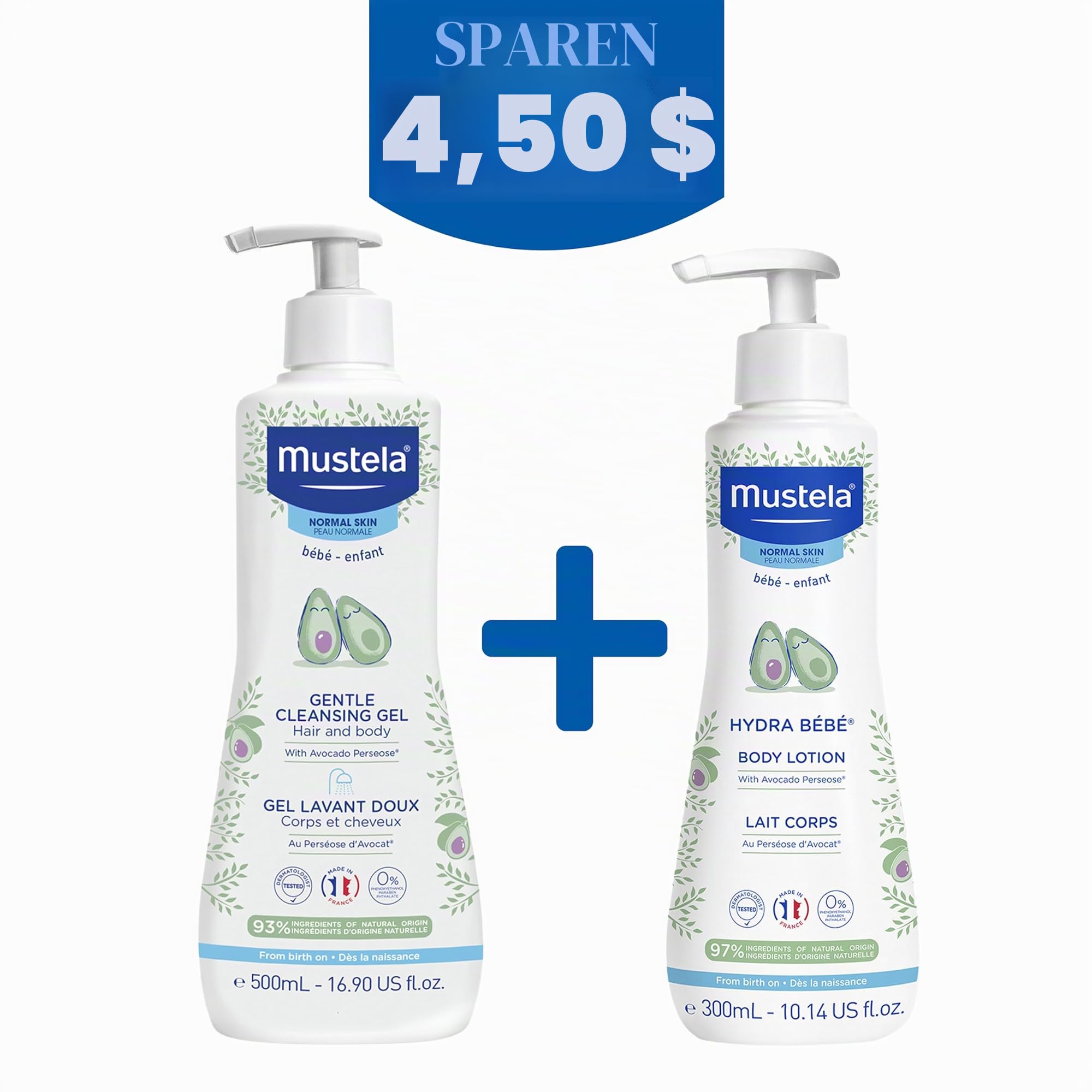 Aduoke Mustela Baby Bath Time Gift Set - Baby Skin Care Essentials with Natural Avocado - Contains Hydra Bebe Body Lotion 10.14 fl. oz. & Gentle Cleansing Gel 16.9 fl. oz. - 2 Items Set