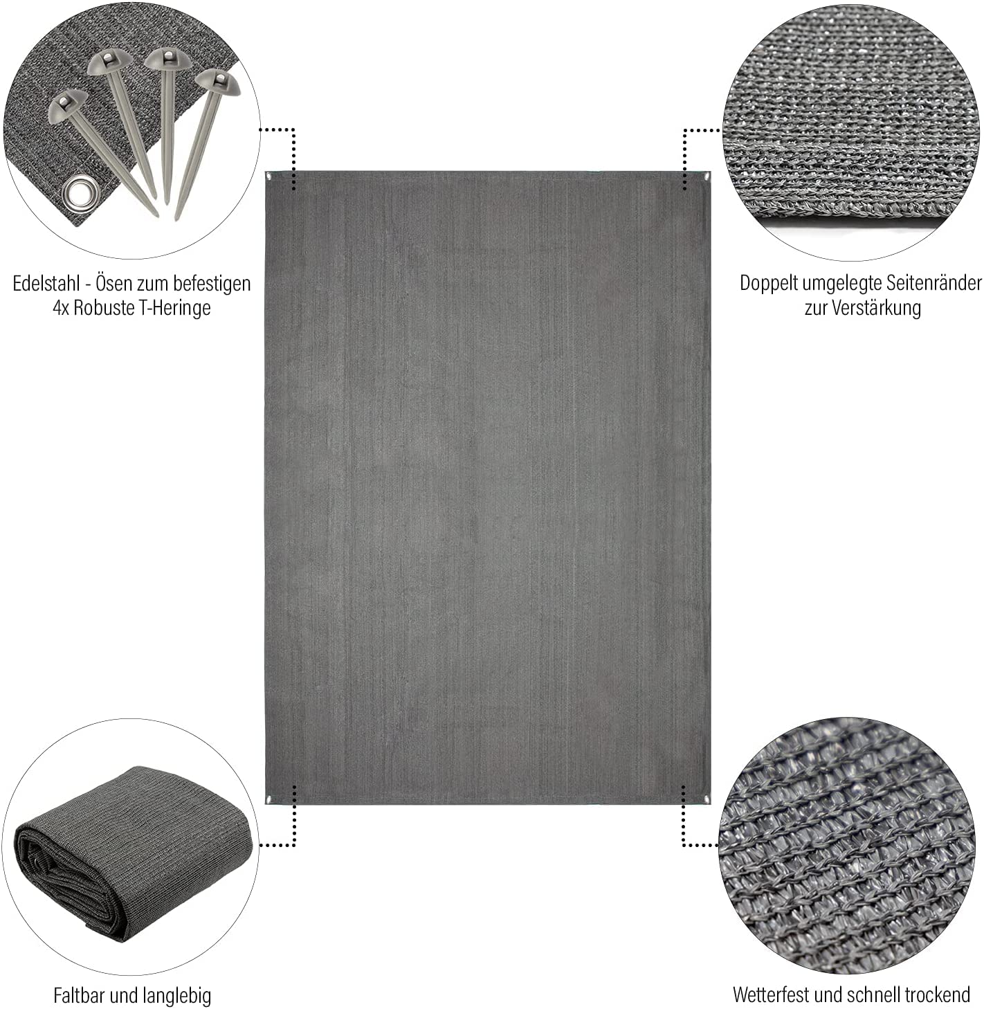 Floordirekt Camping Vorzeltteppich - 240 g/m² HDPE - mit Edelstahl-Ösen & 4X T-Heringe - wasserdurchlässig & atmungsaktiv - Markisenteppich Vorzeltboden Vorzelt Teppich Bodenplane Zeltteppich
