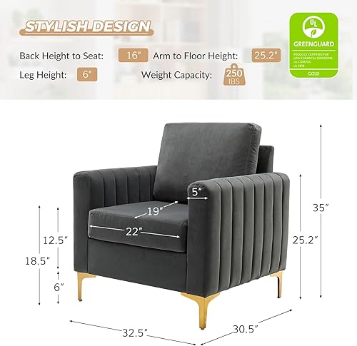 Miniatura 2 de HULALA HOME Velvet Accent - Silla de club moderna, de terciopelo, tapizada, con patas de metal dorado, barril de mediados de siglo, cómodo sillón de