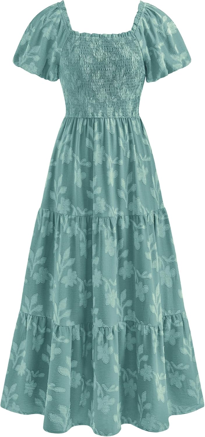 PRETTYGARDEN Women's Boho Floral Maxi Dress Short Sleeve Square Neck Smocked Flowy Summer Vacation Dress