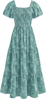 PRETTYGARDEN Women's Boho Floral Maxi Dress Short Sleeve Square Neck Smocked Flowy Summer Vacation Dress