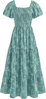 Women's 2026 Summer Boho Maxi Dresses Floral Short Sleeve Square Neck Smocked Flowy Long Dress Vacation Outfits