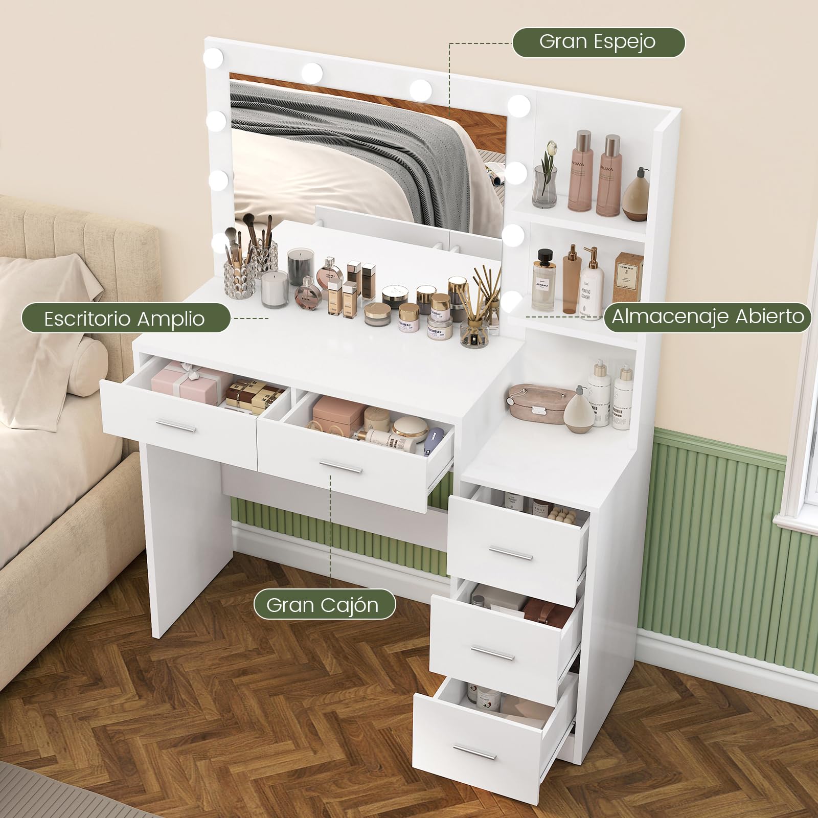 FIONESO 110cm Tocador de Maquillaje con Espejo Grande y Luces LED, Mesa de Maquillaje con 5 Cajones, 2 Estantes Abiertos, para Niñas, Blanco
