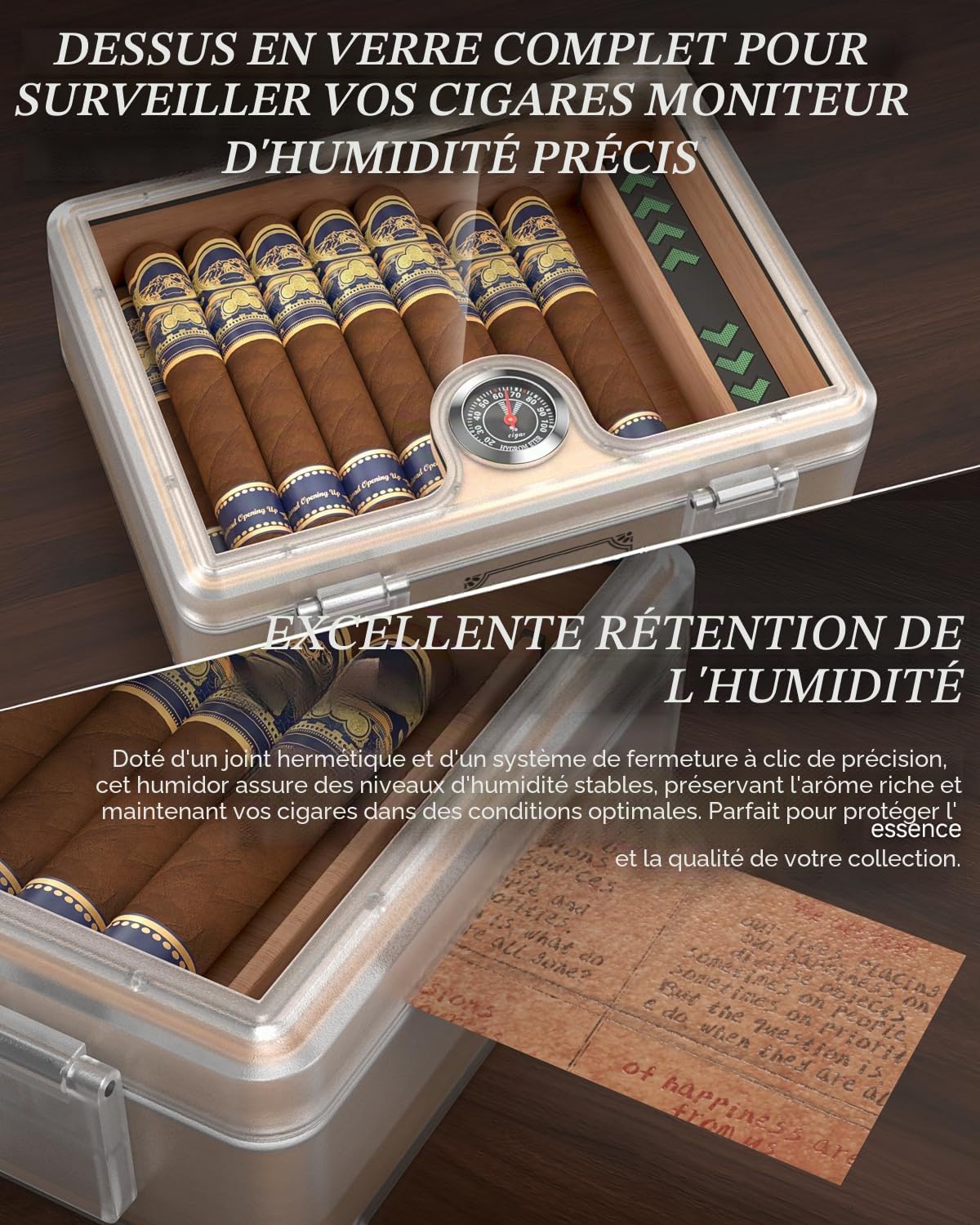 Cave à cigares, avec guillotine droite, coupe en V, perforatrice et support, étui à cigares en verre, doublure en bois de cèdre, accessoires humidificateur, hygromètre, coffret cadeau