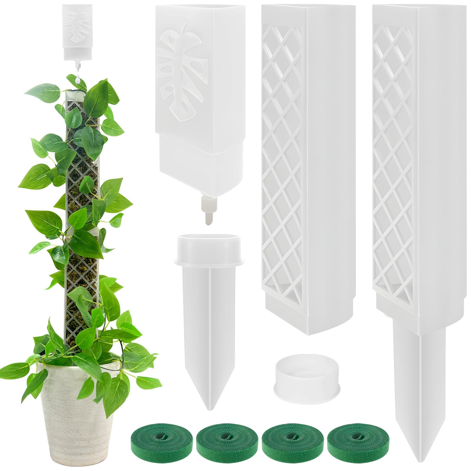 Plastic Moss Pole for Plants Monstera, 2Pcs 24.5cm/ 49cm Monstera Plant Support, Plant Poles with Dripper, 2 Grounding Plugs, Plant Spacer, 4 Hook-and-Loop Strap, Plant Stakes for Indoor Outdoor Plant