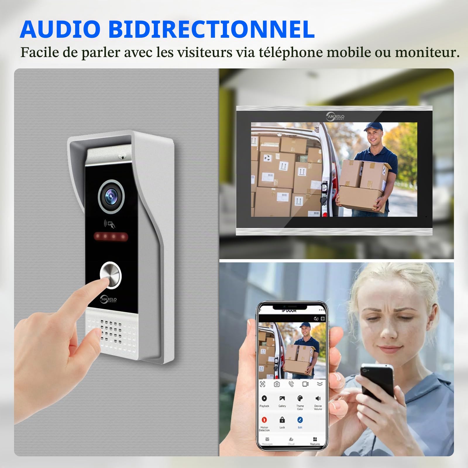 ANJIELO SMART TUYA Interphone vidéo (filaire), sonnette vidéo 1080p avec écran tactile 7", prise en charge de la détection de mouvement, plusieurs méthodes de déverrouillage (2)