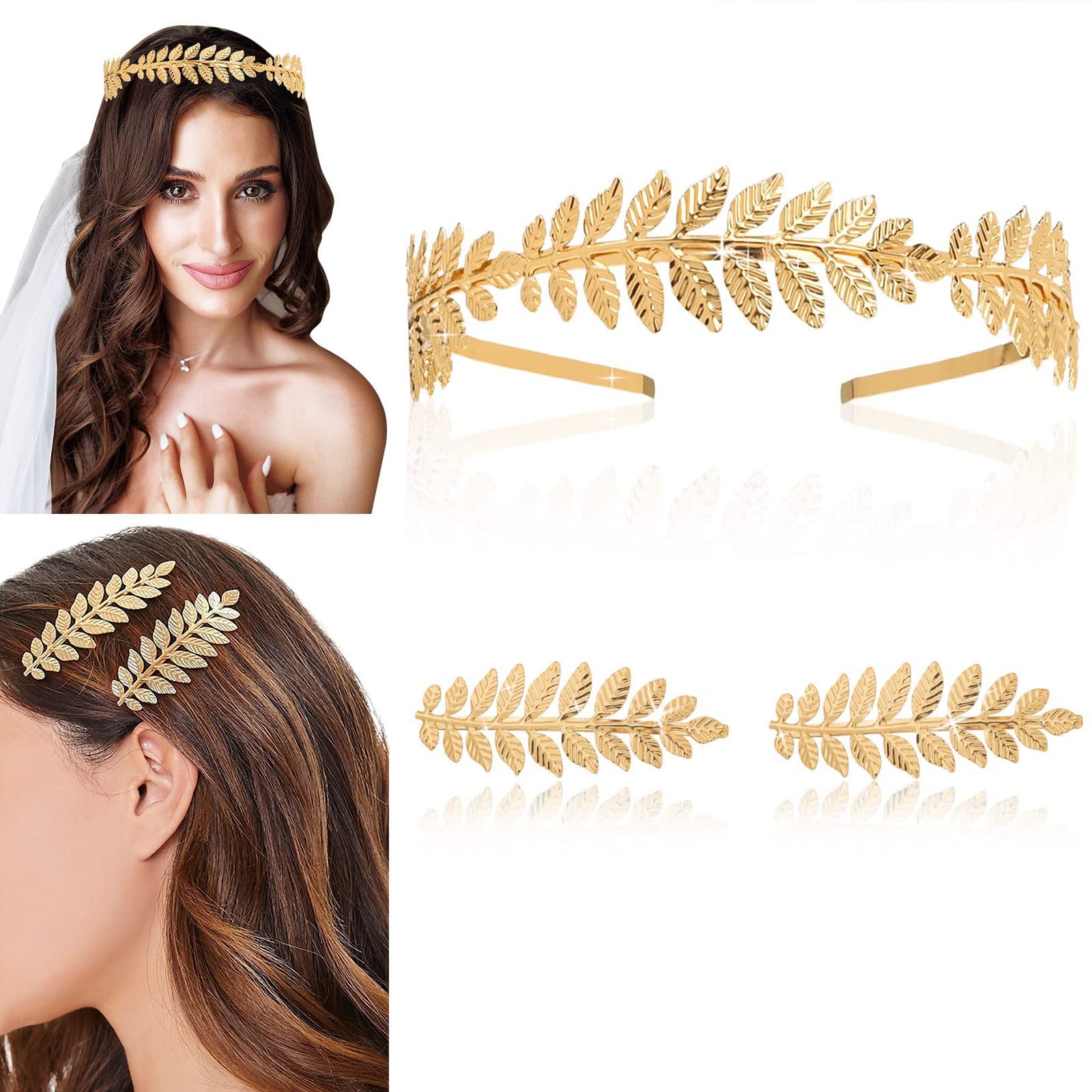 Headband Hair Clip Set, Gold Leaf Vintage Hair Clip Headband, Laurel Leaf Tiara for Bridal Wedding Party Fashion Show (3 Pcs)