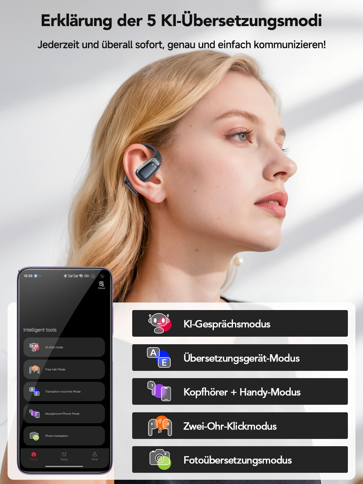 AI Kopfhörer Übersetzer 3-in-1 Translator Earbuds Bluetooth 5.4 Sprachübersetzer 134 Sprachen 60Std 5 Übersetzungsmodi Echtzeit