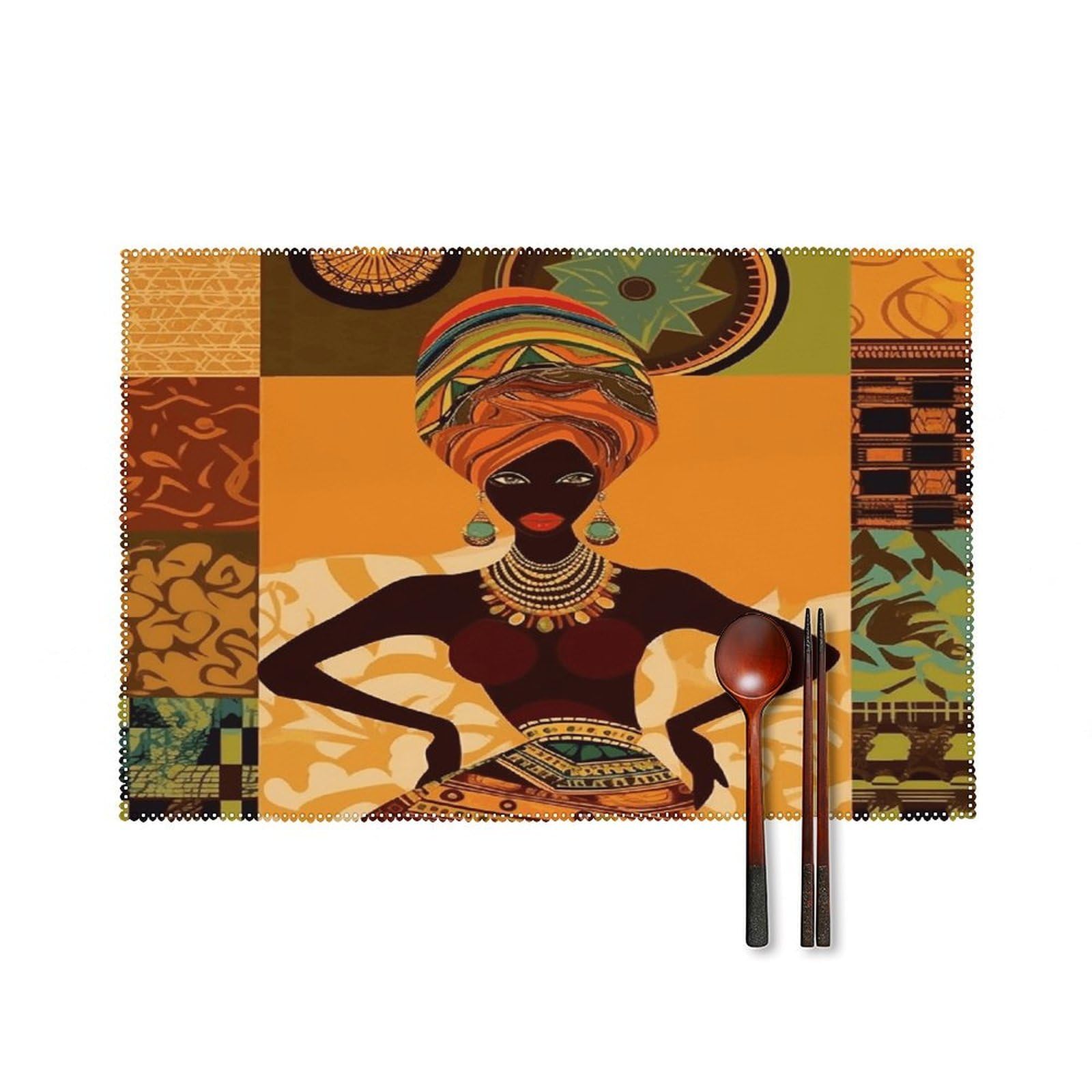 African Woman Placemats Set of 6 Washable Heat Resistant Non-Slip Place Mats Easy Clean Table Protective Placemats Farmhouse Decorate Dining Table Mat for Kitchen 12X18In