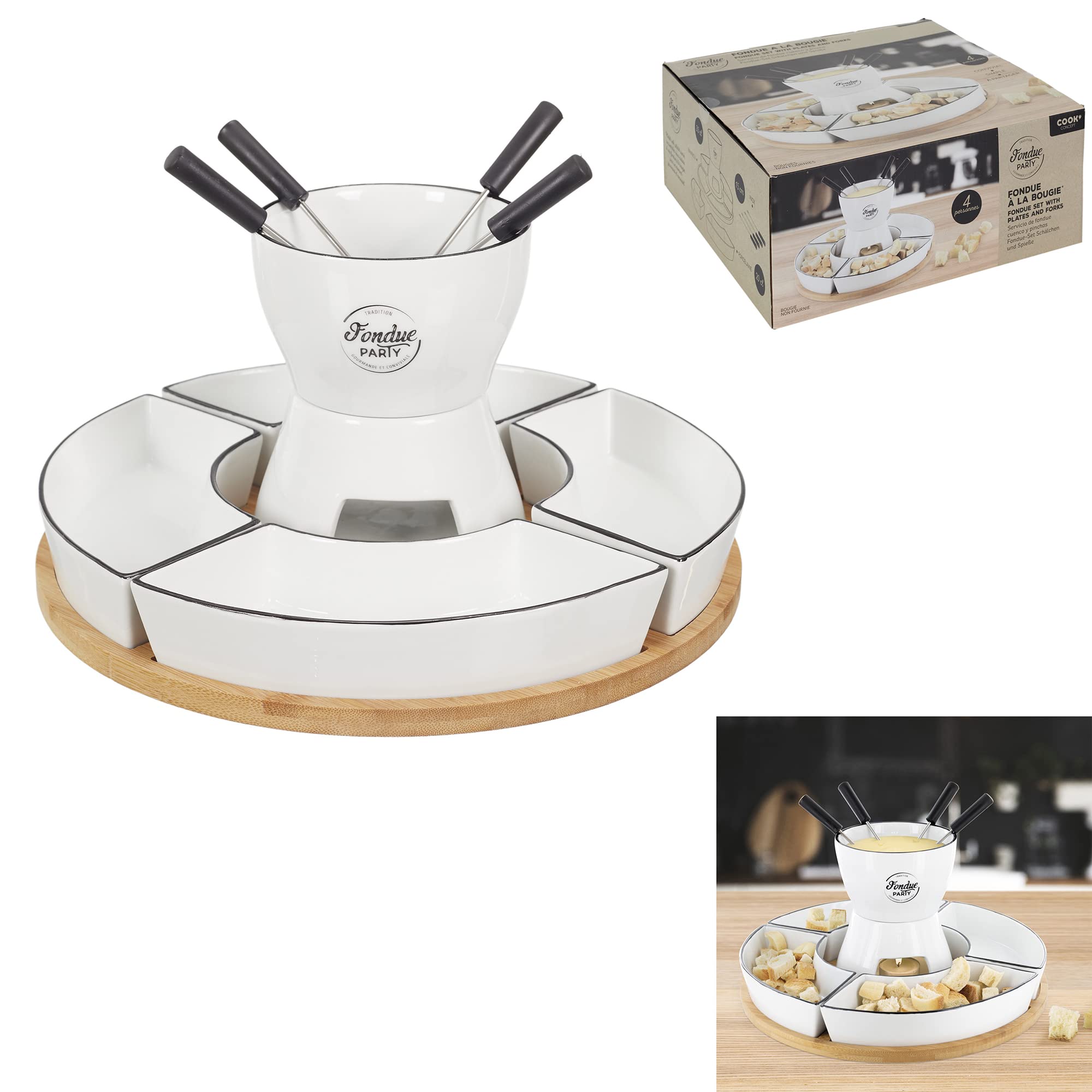 COOK CONCEPT - KA4602 Coffret à Fondue avec Support en Bambou et Coupelles - Conçu pour Repas Conviviaux - Dimensions 19 x 30 x 30 cm - Couleur Blanche
