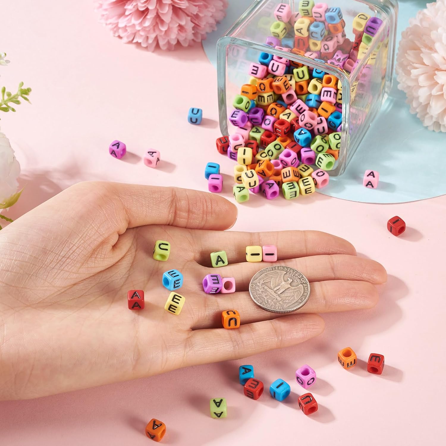 250 Pcs Acrylic Letter Beads Plastic Vowel Alphabet Beads A E I O U Character Bead 6x6x6mm Grapheme Cube Bead for Jewelry Making Bracelet Earrings Pendants Keychain DIY Crafts Accessories - Image 6