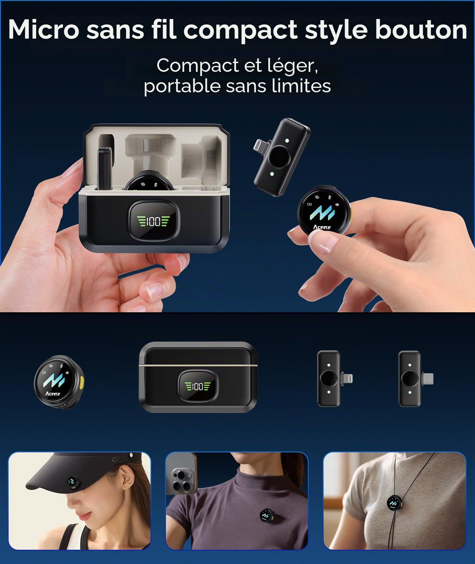 Aceele Micro Cravate sans Fil, Microphone sans Fil pour iPhone et Android, Réduction de Bruit, Audio Hi-FI 48kHz/24 Bits, Autonomie 24H, Portée 50 m, Micro Magnétique pour Vidéo, Live, Vlog, Podcast