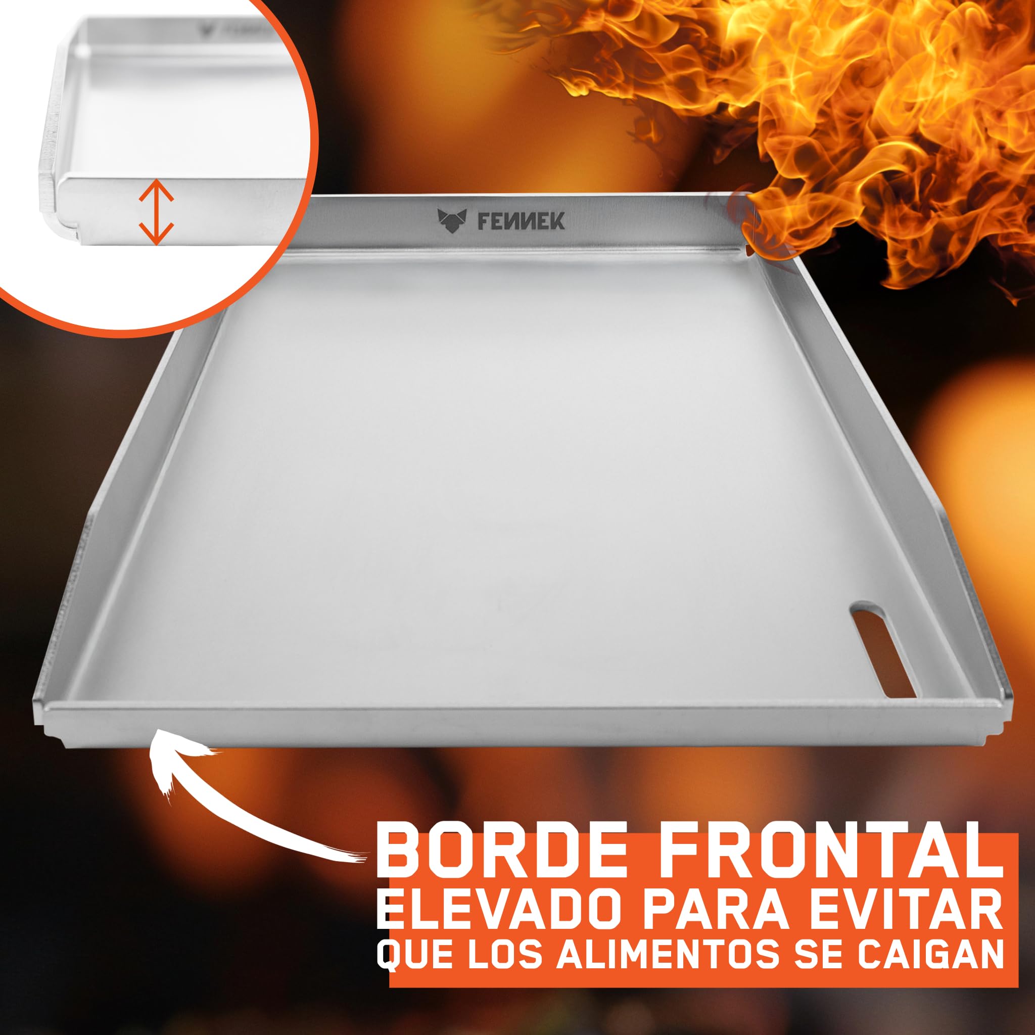 FENNEK Plancha de 40 x 30 cm Teppanyaki plancha con borde frontal y gran orificio de drenaje, acero inoxidable de 4,0 mm, para hamburguesas, verduras, pescado, etc., apta para lavavajillas, bordes