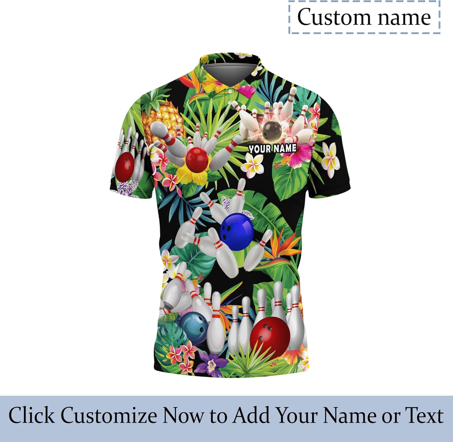 Mens Womens Bowling Golf Shirt Personalized Flowers and Leaves Bowling Pin Short Sleeve T-Shirt Printed Bowling Theme Outfit