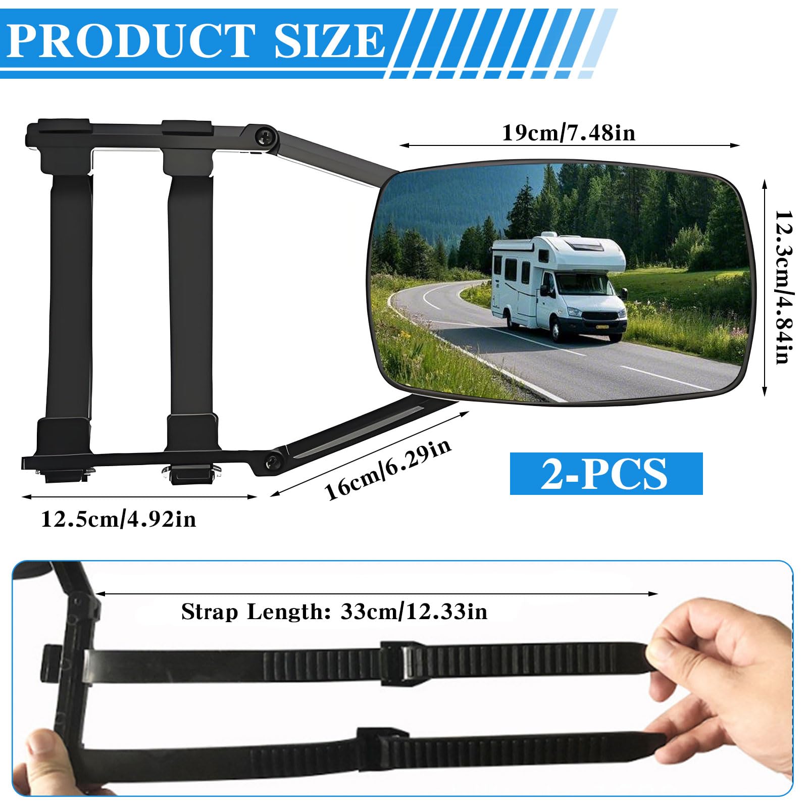 Espejos de caravana, 2 piezas, espejos exteriores bilaterales universales para caravanas, con extensión giratoria y mosquetón, espejo convexo para todas las caravanas y vehículos comunes