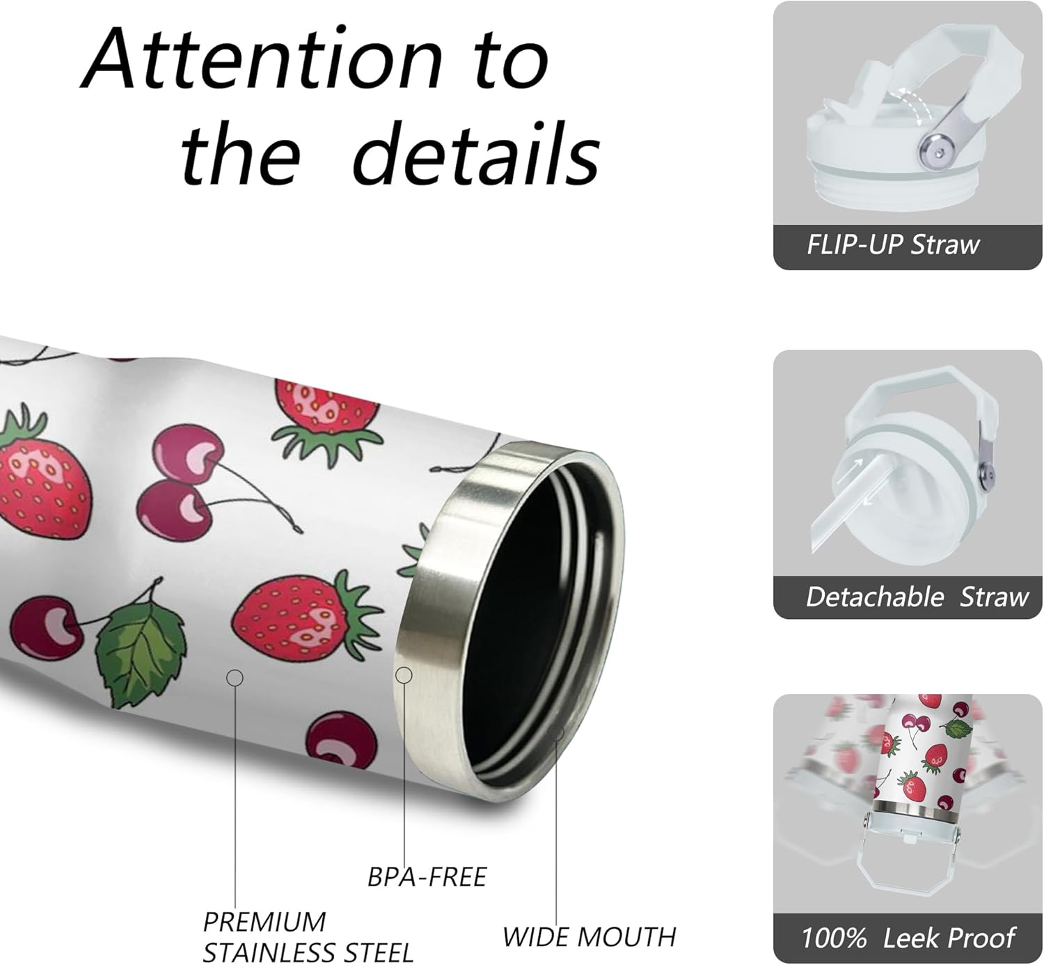 Strawberry Cherry Tumbler with Handle and Flip Straw for Women Men, 30oz Cute Stainless Steel Insulated Cup, Water Bottle Travel Coffee Mug Gifts - Image 3