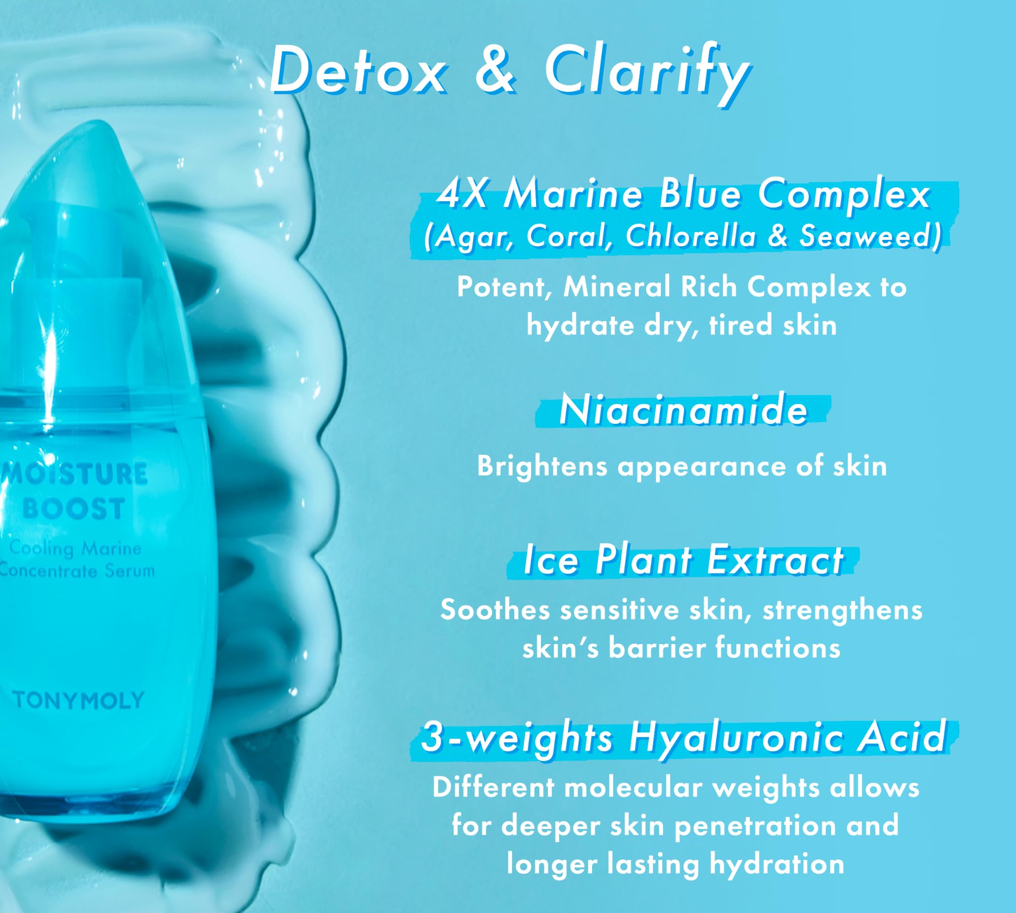 TONYMOLY Moisture Boost Hydrating Serum – Cooling Marine Concentrate with Chlorella, Seaweed & Niacinamide, Lightweight Face Moisturizer, 3 oz