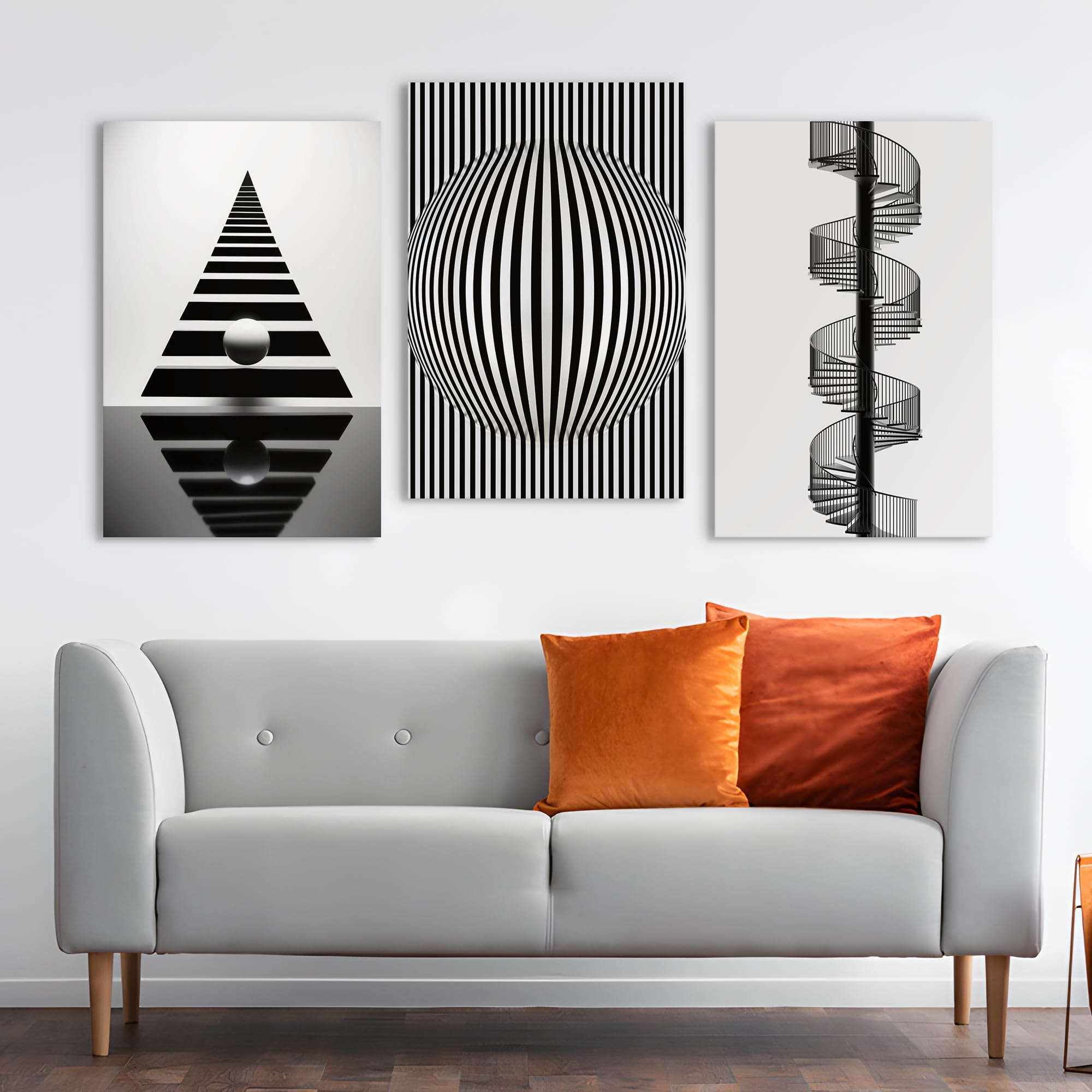 PRINTELLIGENT Black and White Abstract Monochrome Landscape Wall Art Decor Set of 3 Modern Artwork Canvas Framed Paintings for Living Room Bedroom Wall Decor (16 Inch x 24 Inch x 3 Panel). (A)