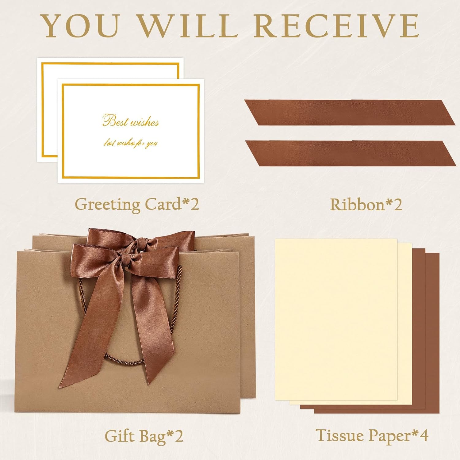 YoungTree 2PCS Medium Gift Bags with Ribbon and 2 Greeting Cards 4 Tissue Papers, Paper Birthday Gift Bags with Handles, Present Bags for Valentines Day Wedding Baby Shower Party Supplies (Kraft) - Image 3