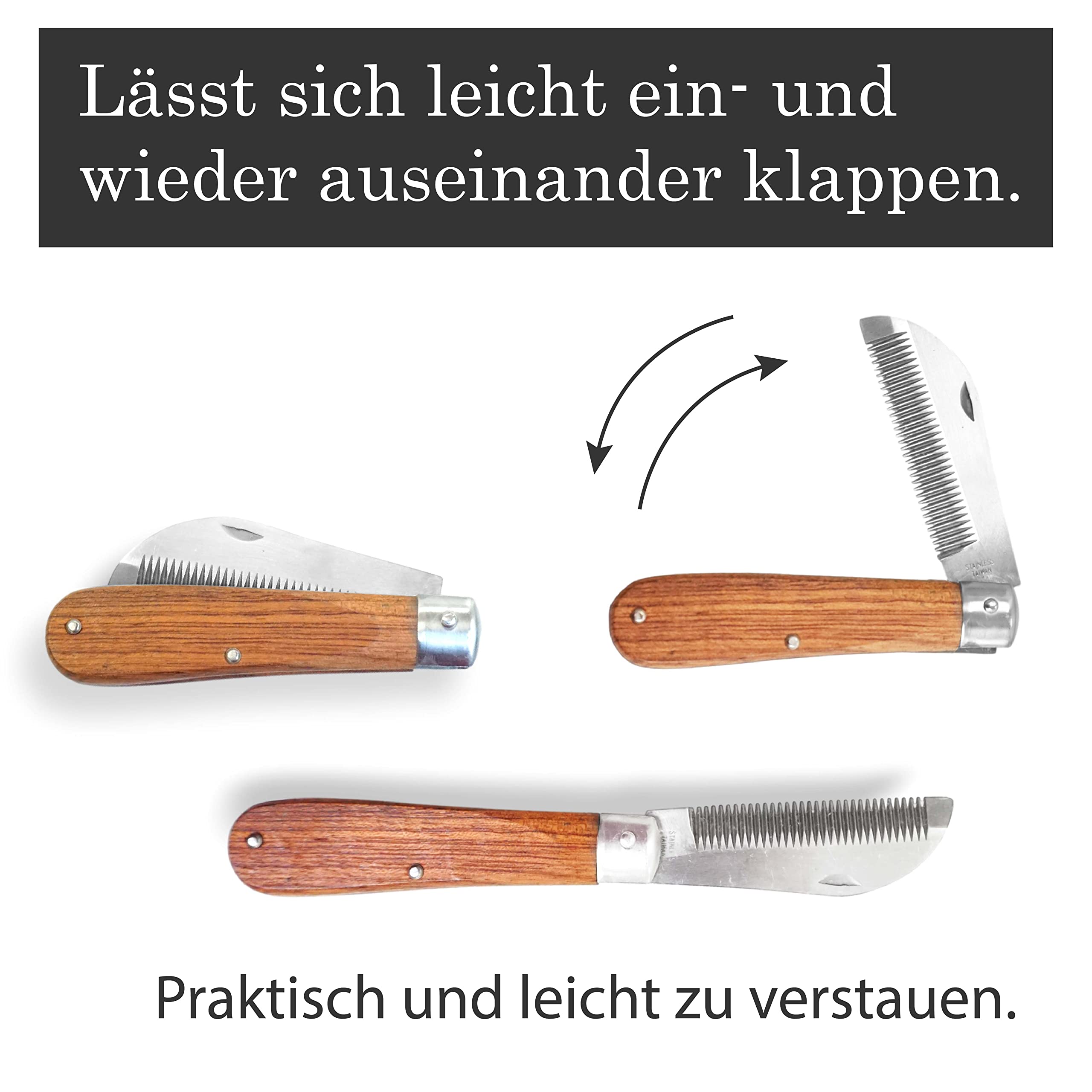 Cuchillo para crines de caballo, longitud de 18 cm, mango de madera resistente, plegable, acero inoxidable, mango de madera